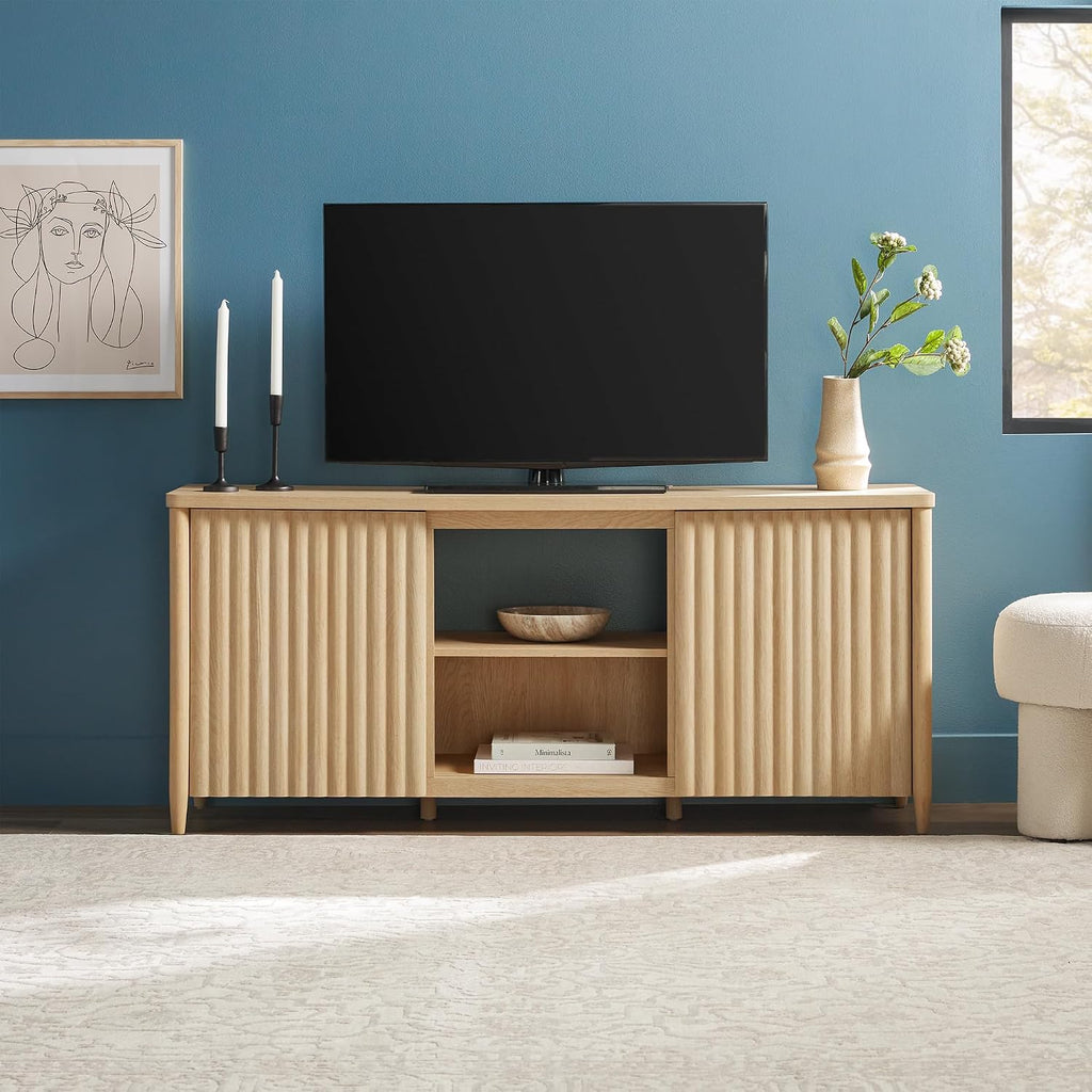 Walker Edison Scandinavian Reeded TV Stand with Storage for up to 70' TV Coastal Oak