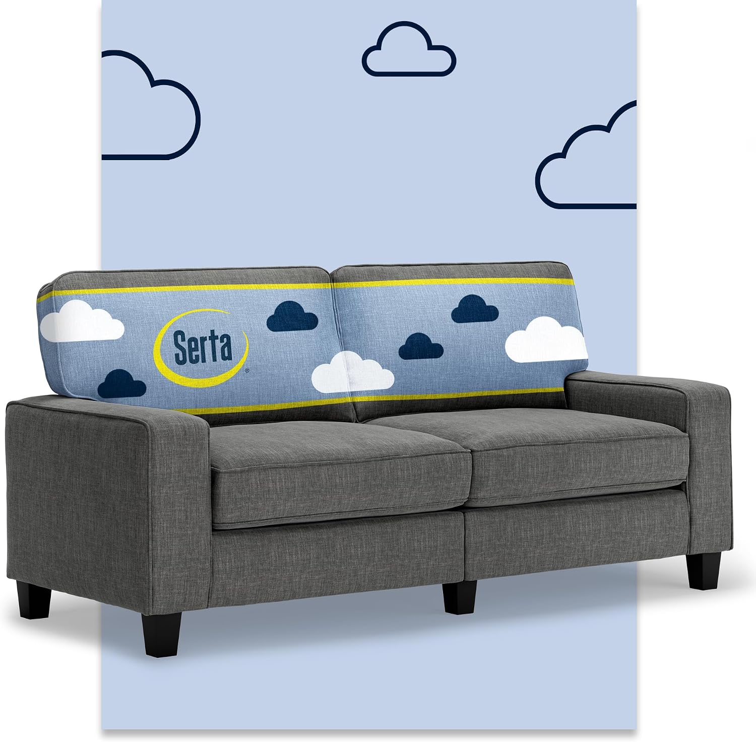 Serta Palisades 73' Track Arm Sofa, Easy Care Polyester, Soft Pillow Back, Pocket Coil Seat Cushions, Removable Covers, Loveseat or Couch for Small Spaces, Living Rooms or Bedrooms, Gray