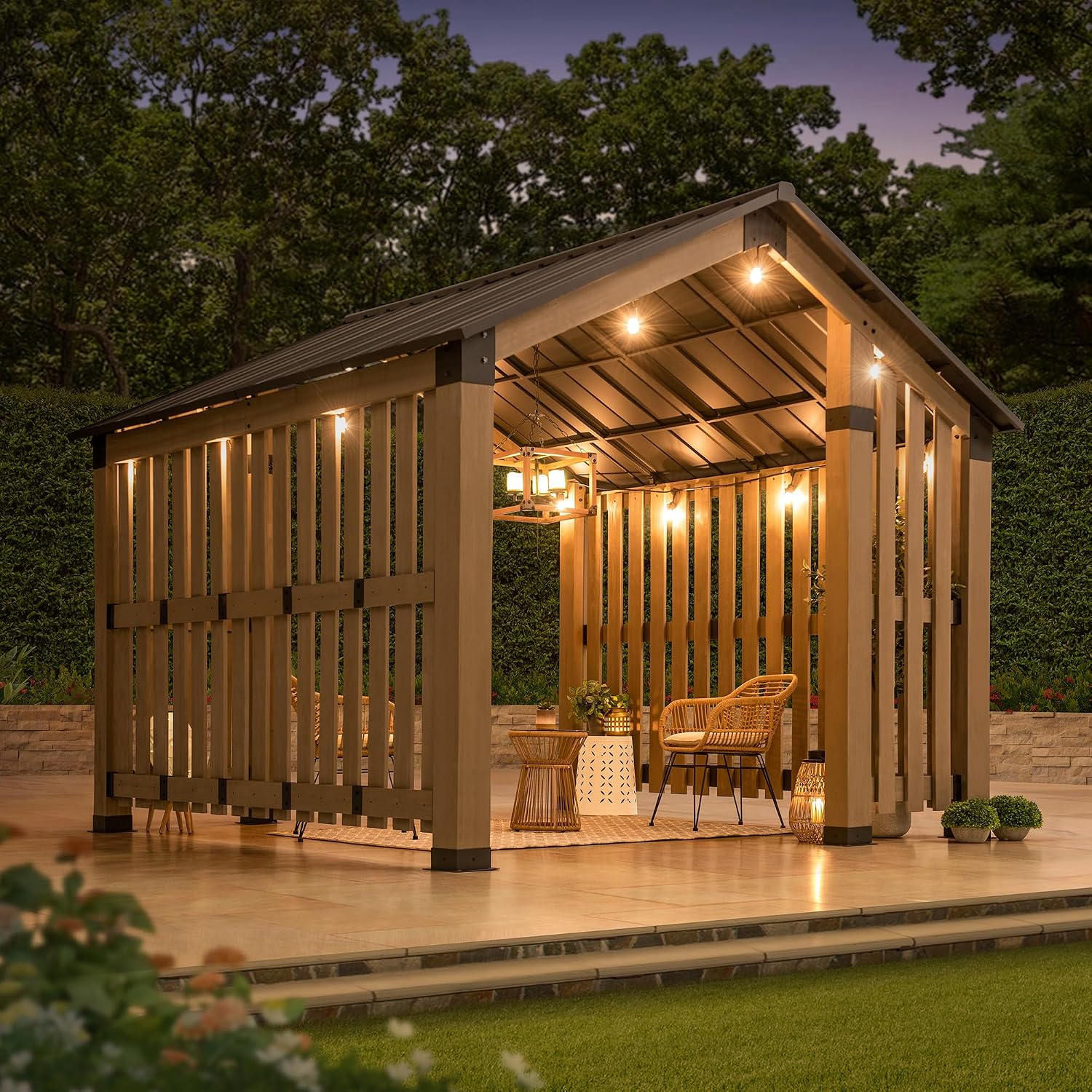 SUNJOY 11x11ft. Cedar Wood Gazebo with Six 5.5x5.5 in. Heavy Posts, Permanent Hard Top Pavilion with Wooden Privacy Screen for Backyard Hot Tub, Ceiling Hook - Outdoor Patio, Matte Black