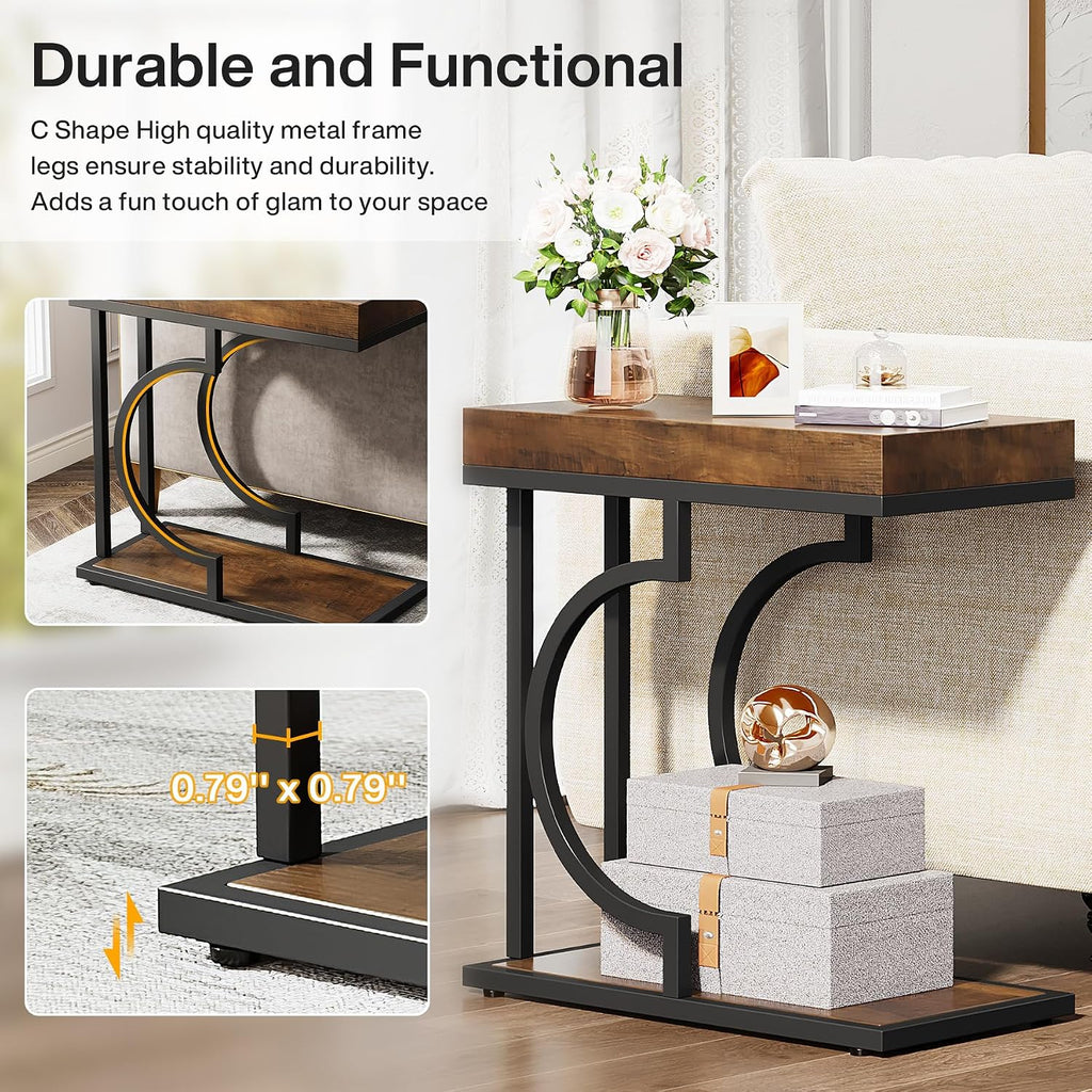 Tribesigns Narrow Side Table Set of 2, C Shaped End Table for Couch, Modern Bedside Tables with Metal Frame, Small Sofa Tables for Small Spaces, Living Room (2, Brown+Black)