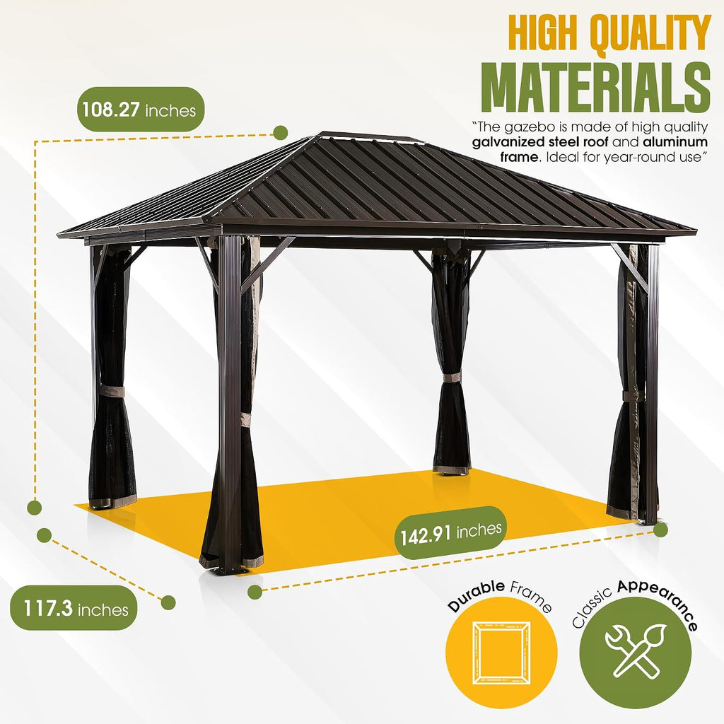 Galvanized Steel Hardtop Gazebo, Weather-Resistant Aluminum Frame Outdoor Shelter with Mesh Netting, Rustproof & UV Protection, Dark Brown (10' x 12')