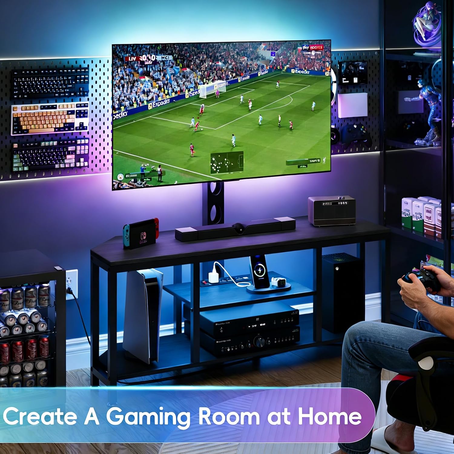 Corner TV Stand with Mount LED - Universal TV Mount Stand for 32-65' TV, Height Adjustable Swivel TV Console Wood & Steel Entertainment Center with Mount, Cabinet, Power Outlet, Colorful Light, Black