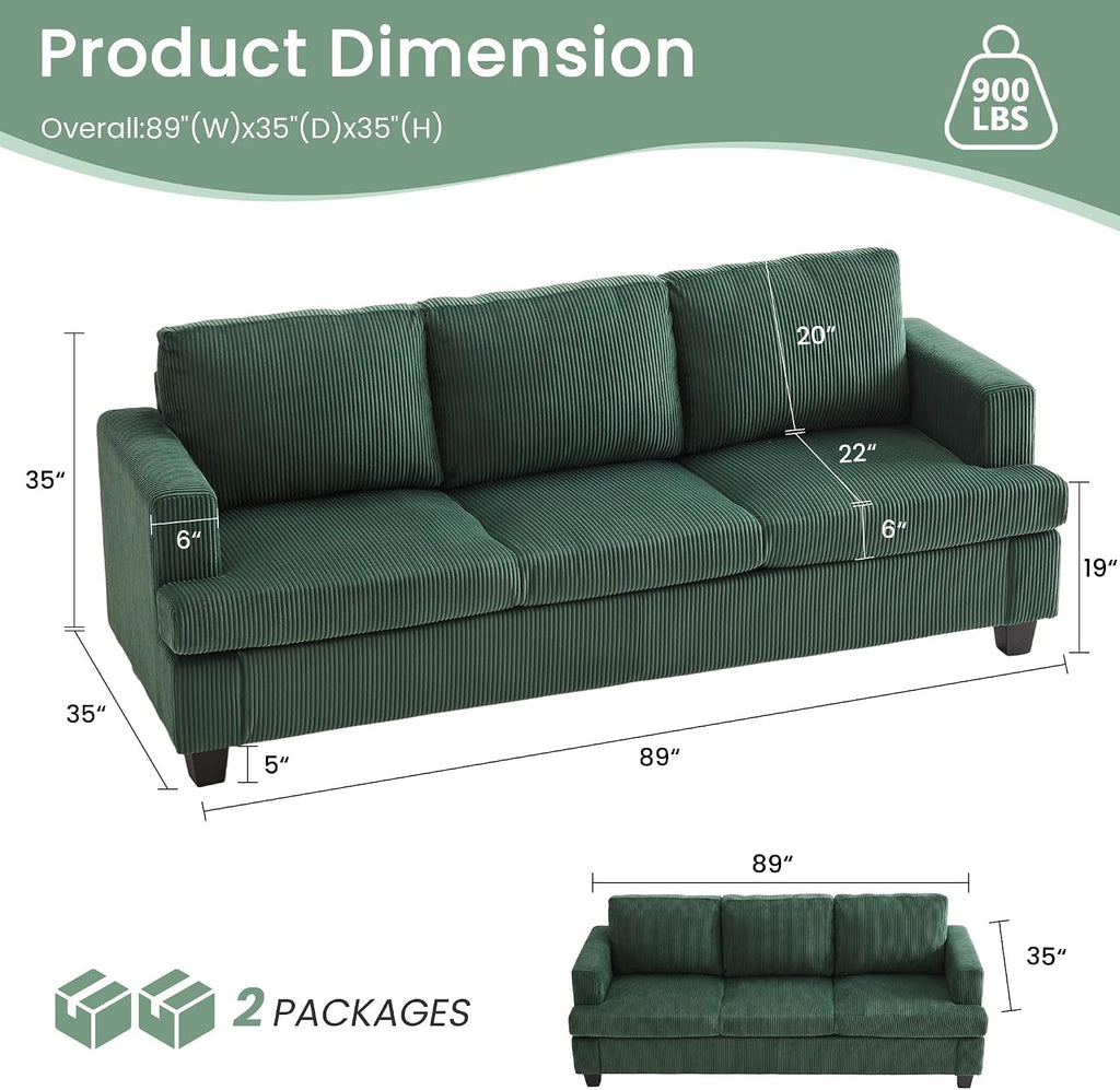 YOUDENOVA 2 Piece Set Comfy Sofa Couch, 3 Seater & Loveseat Sofa with Deep Seats, Modern Sleeper Couch for Living Room, Green Corduroy