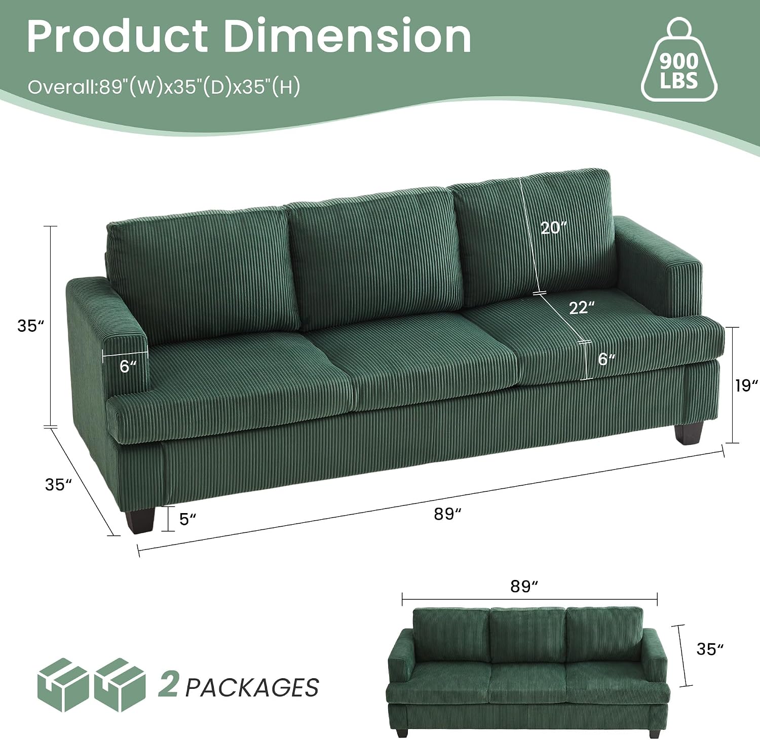 YOUDENOVA 2 Piece Set Comfy Sofa Couch, 3 Seater & Loveseat Sofa with Deep Seats, Modern Sleeper Couch for Living Room, Green Corduroy