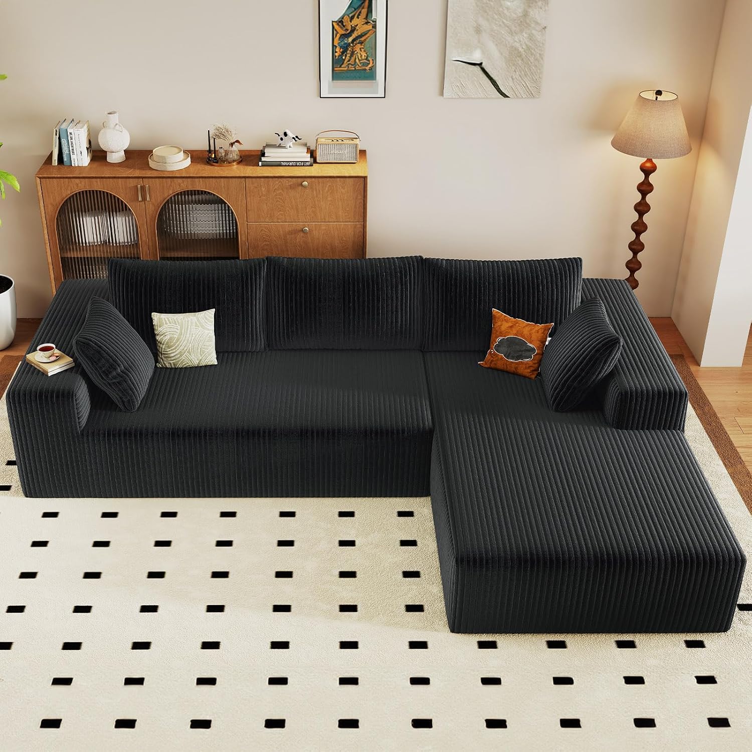 96' Modular Sectional Sofa, Modern Corduroy Cloud Couch with Deep Seat, Boneless Couch Upholstered 3-Seater L-Shaped Sofa for Living Room, No Assembly Required (Black, Right-Facing Chaise)