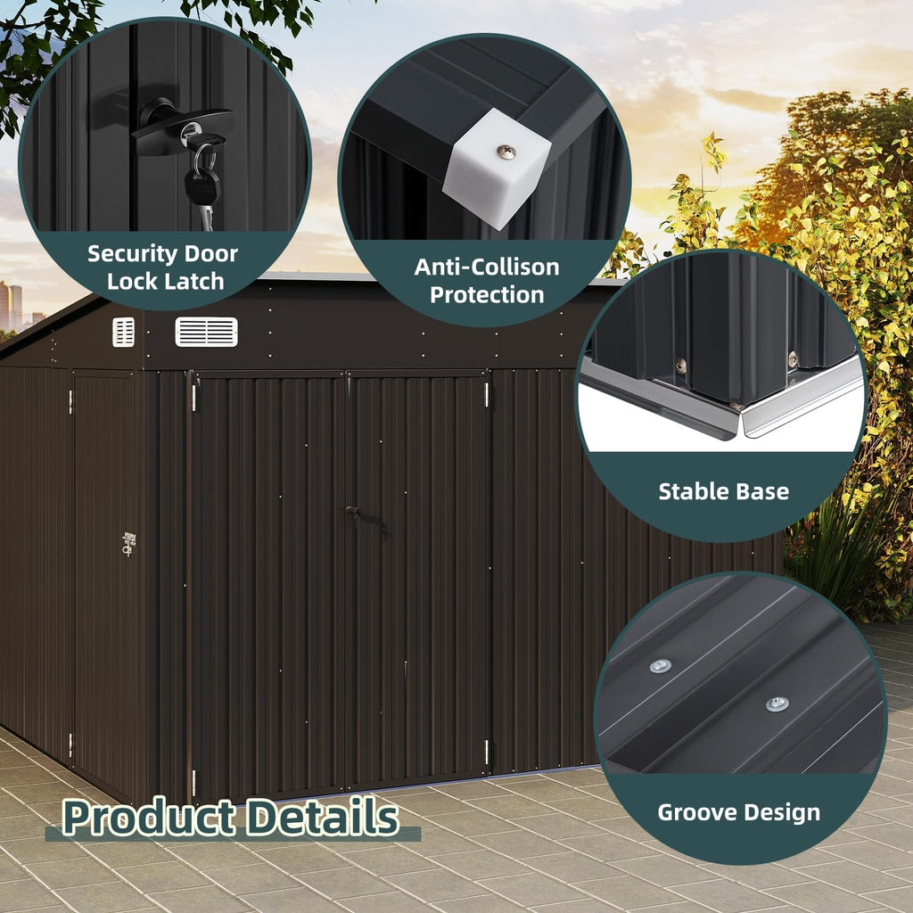 10x8ft Black Metal Tool Shed with Triple Lockable Doors, Heavy-Duty, Weather-Resistant & Rustproof Outdoor Storage for Tools, Garden Equipment, Bikes & Backyard Essentials