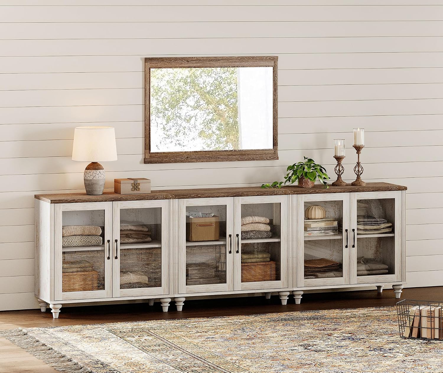 WAMPAT Farmhouse TV Stand for 100 Inch TV, Glass Wooden Universal TV Stand with 3 Storage Cabinets, Entertainment Center for 75/80/85/90 Inch TV, Console Table for Living Room, Bedroom, Rustic White