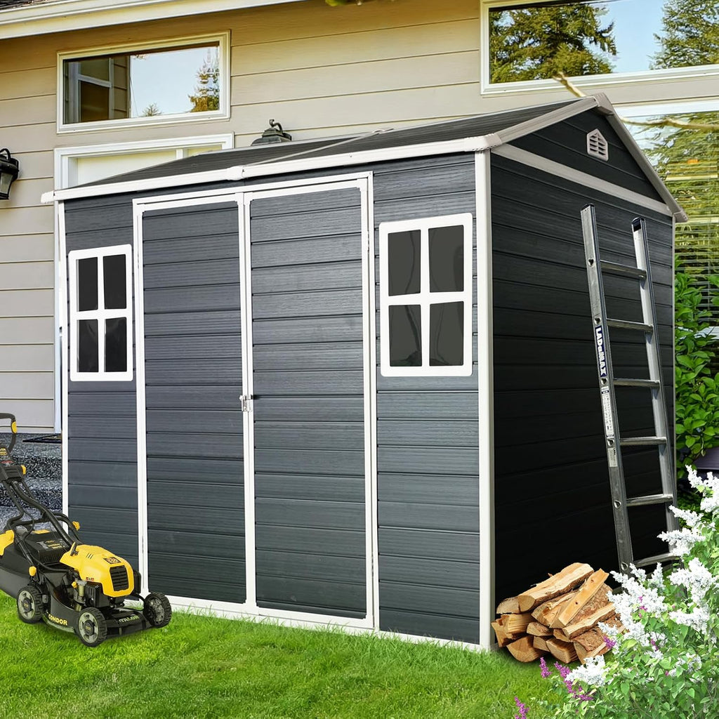 8x6 ft Outdoor Resin Storage Shed with Floor, Waterproof Plastic Garden Shed with Lockable Door and Two Windows, All-Weather Tool Sheds for Backyard, Patio, Lawn (Black)