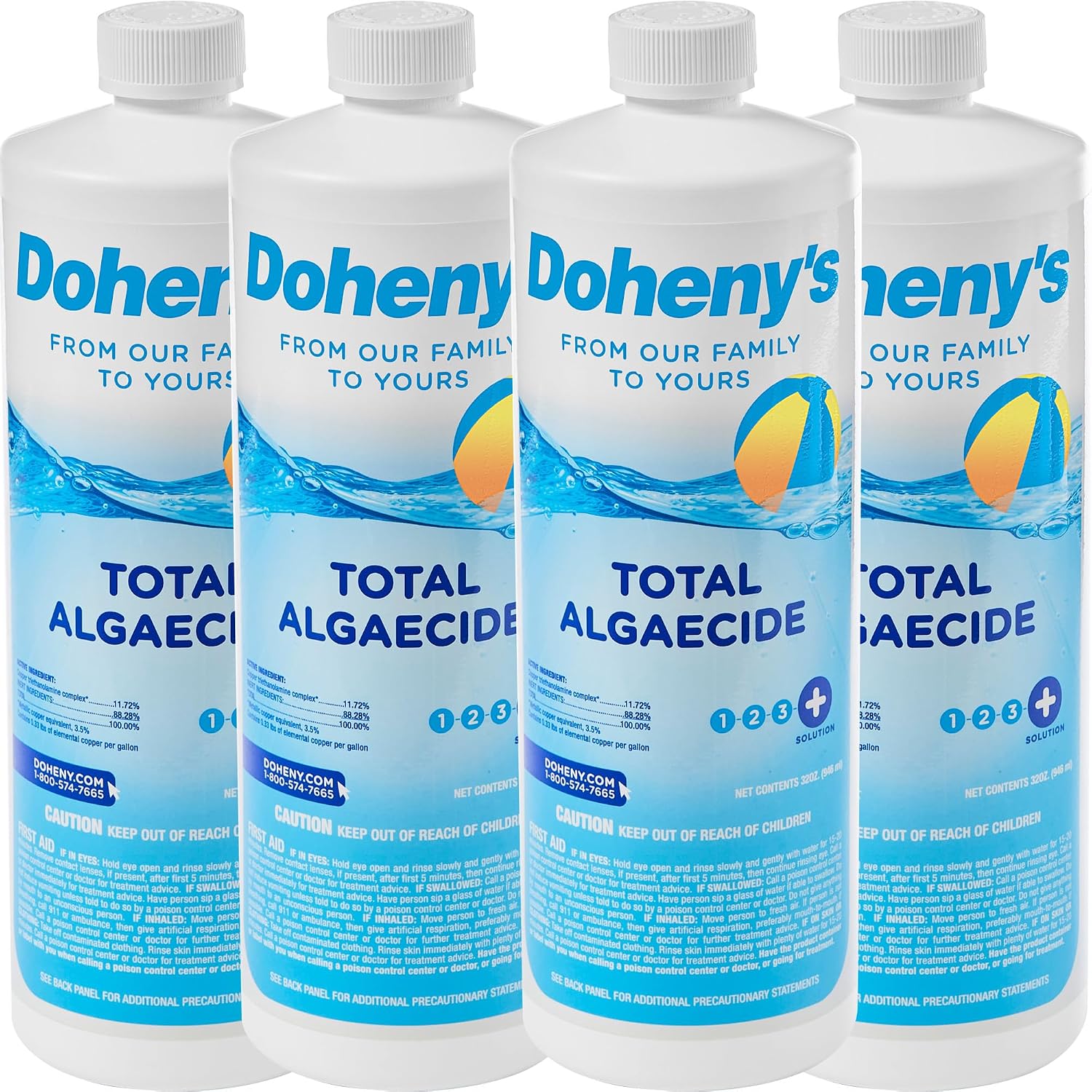 Doheny's Total Algaecide | 100% Professional-Grade | Extra Strength & Effective Against All Types of Algae | Non-Foaming & Non-Staining Formula | 90-Day Prevention | Set of (4) - 32 Ounce Bottles