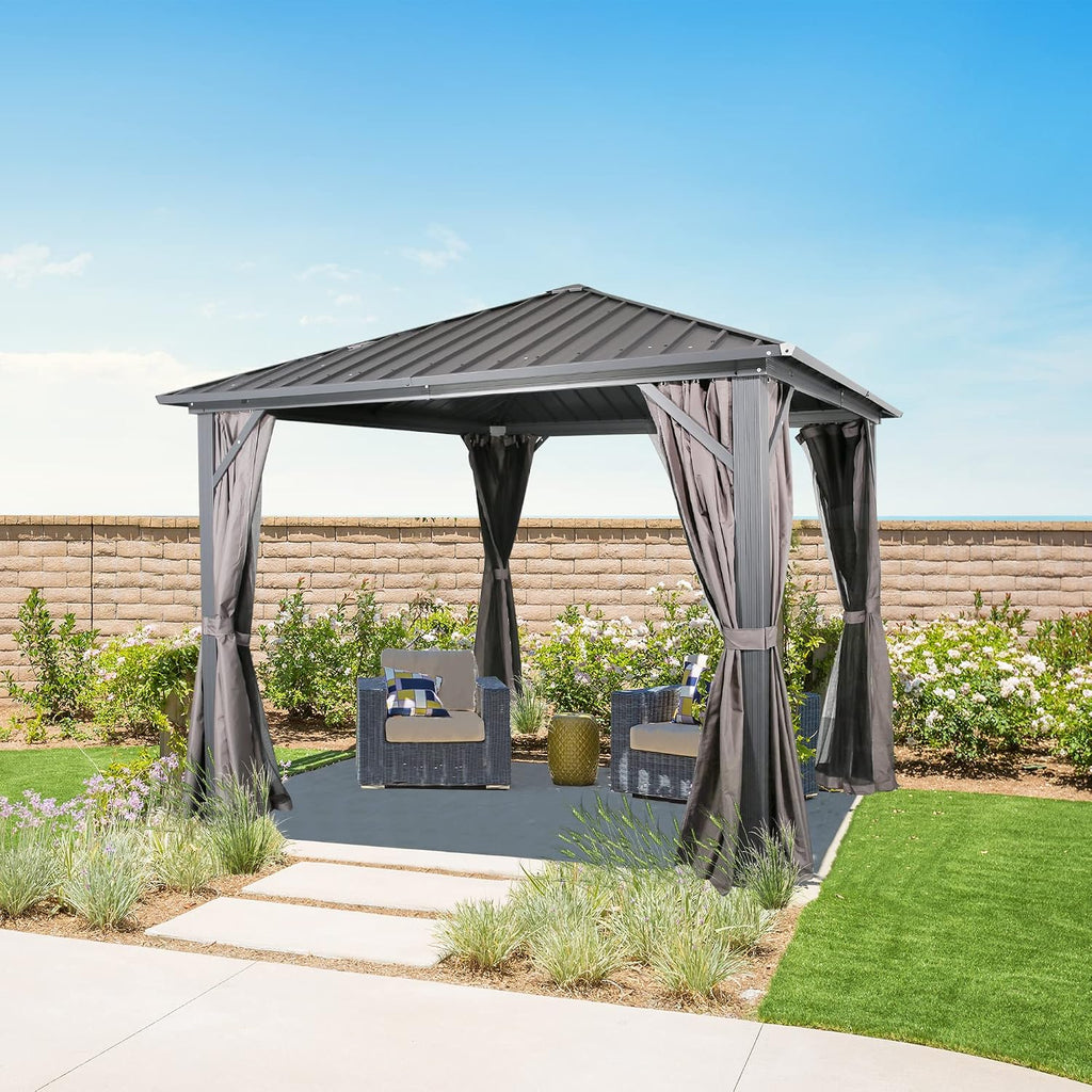 Ulax Furniture Outdoor Hardtop Gazebo Patio Aluminum Permanent Pergola with Galvanized Steel Roof, Mosquito Net and Privacy Curtain (10' x 10')