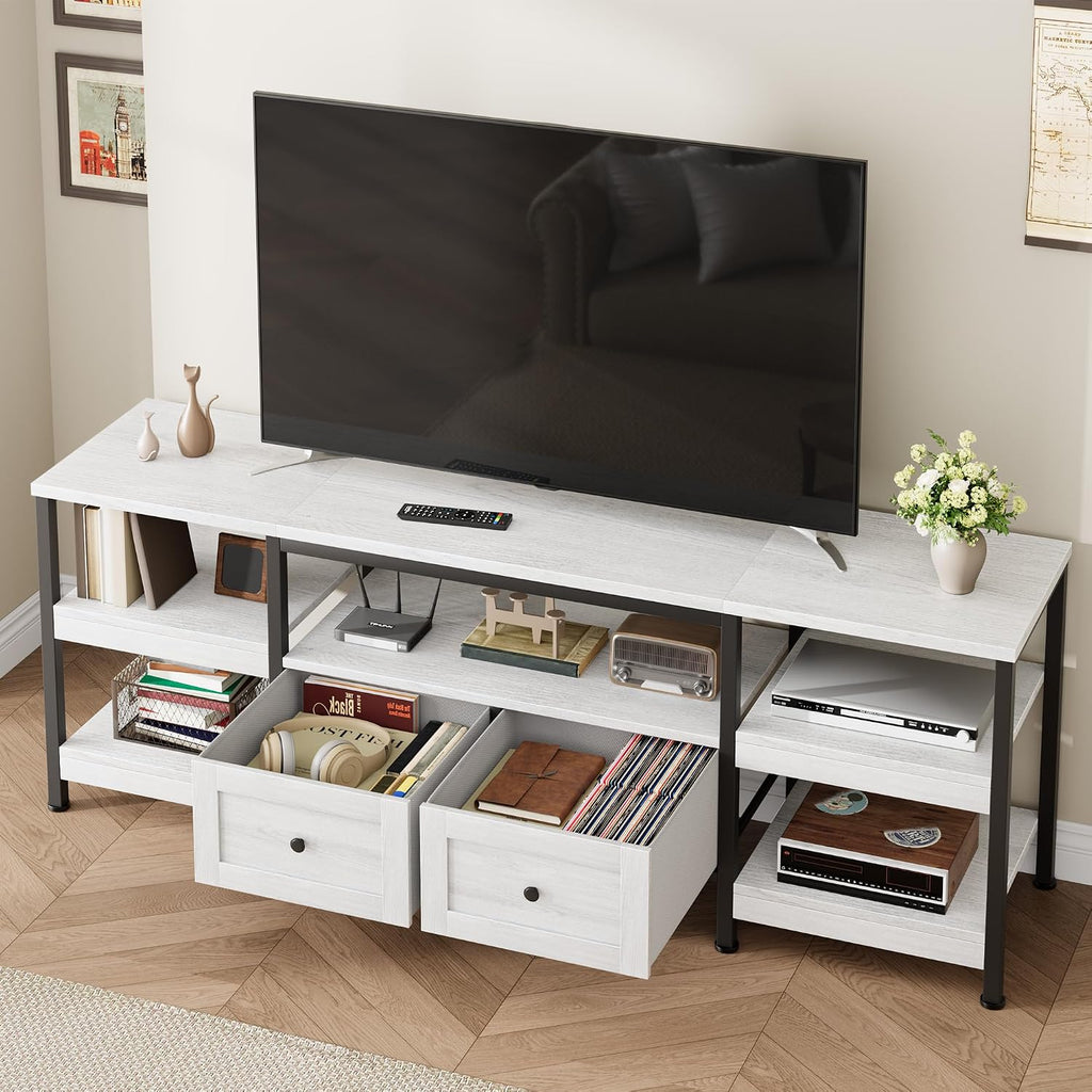 GarveeHome Rustic 71 in TV Stand for TVs Up to 75', Industrial Media Console with 2 Drawers and Open Storage Shelves, Sturdy Metal Frame Entertainment Center, White