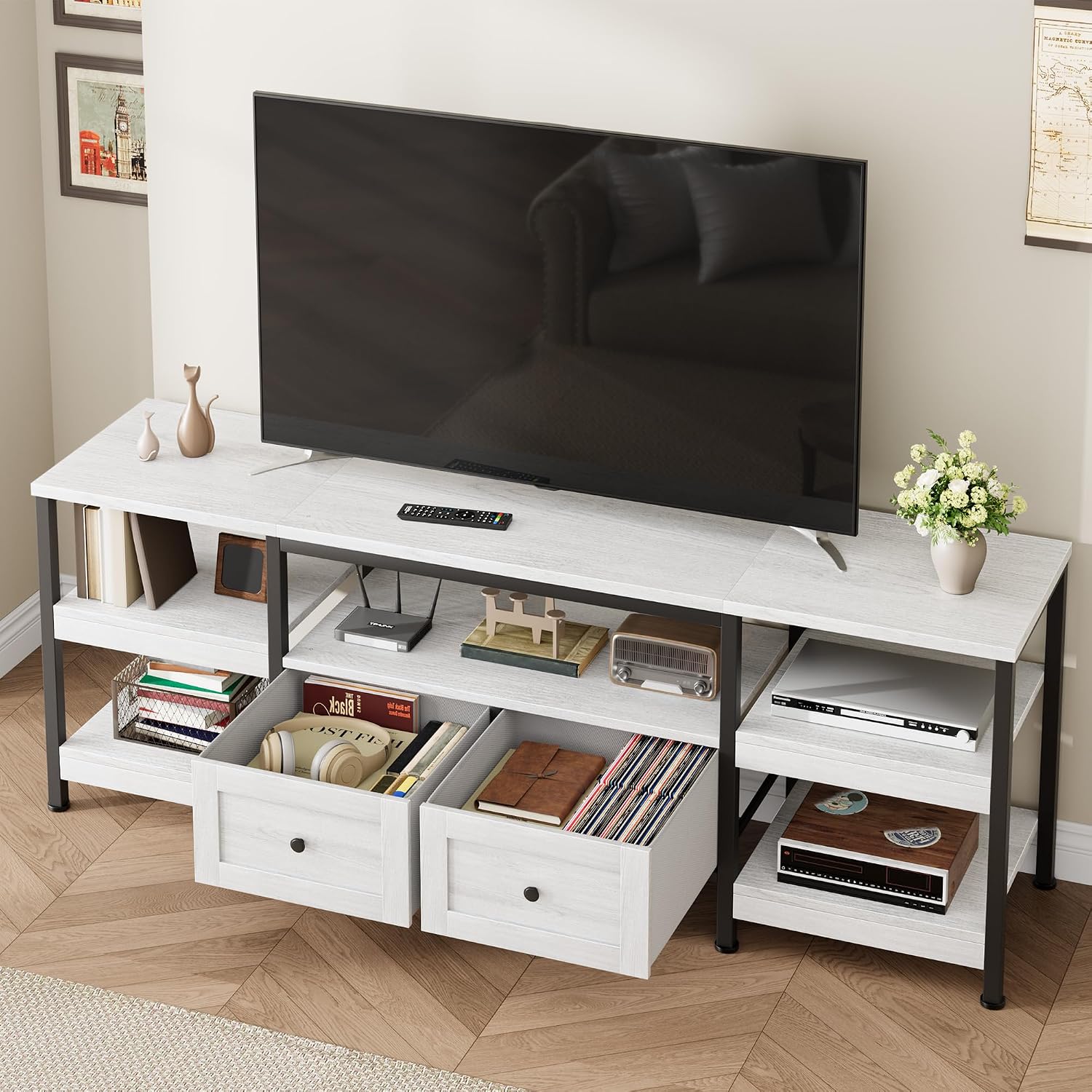 GarveeHome Rustic 71 in TV Stand for TVs Up to 75', Industrial Media Console with 2 Drawers and Open Storage Shelves, Sturdy Metal Frame Entertainment Center, White