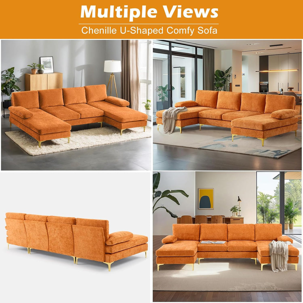 VINGLI 110' Sectional Couches for Living Room,U Shape Couch with Double Chaise, 4-Seat Sofa Set with Chenille Fabric for Home Furniture,Burnt Orange