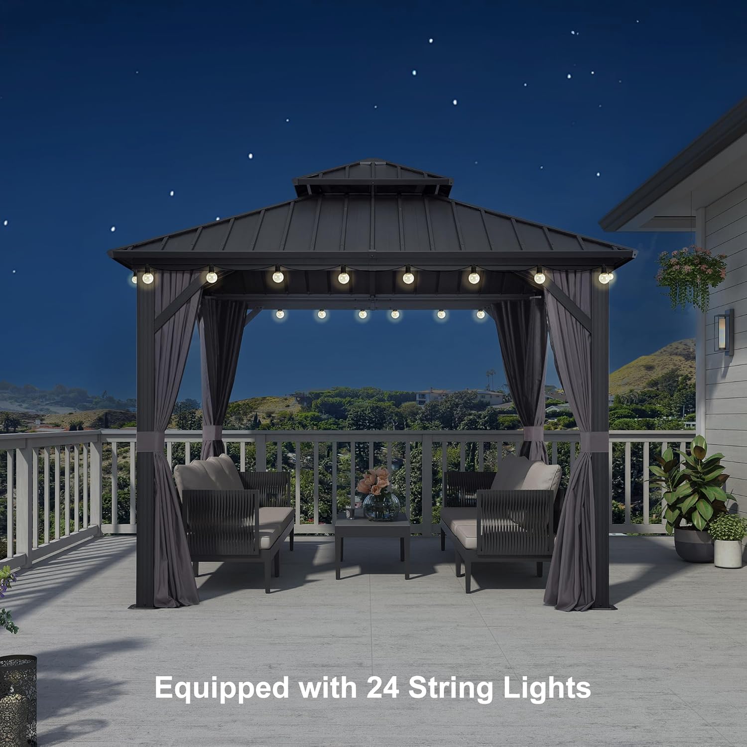 PURPLE LEAF 10'x10' Hardtop Gazebo with Lights Aluminum Double Roof Galvanized Steel Outdoor Patio Gazebo with Included Netting and Curtains for Backyard Garden Grey