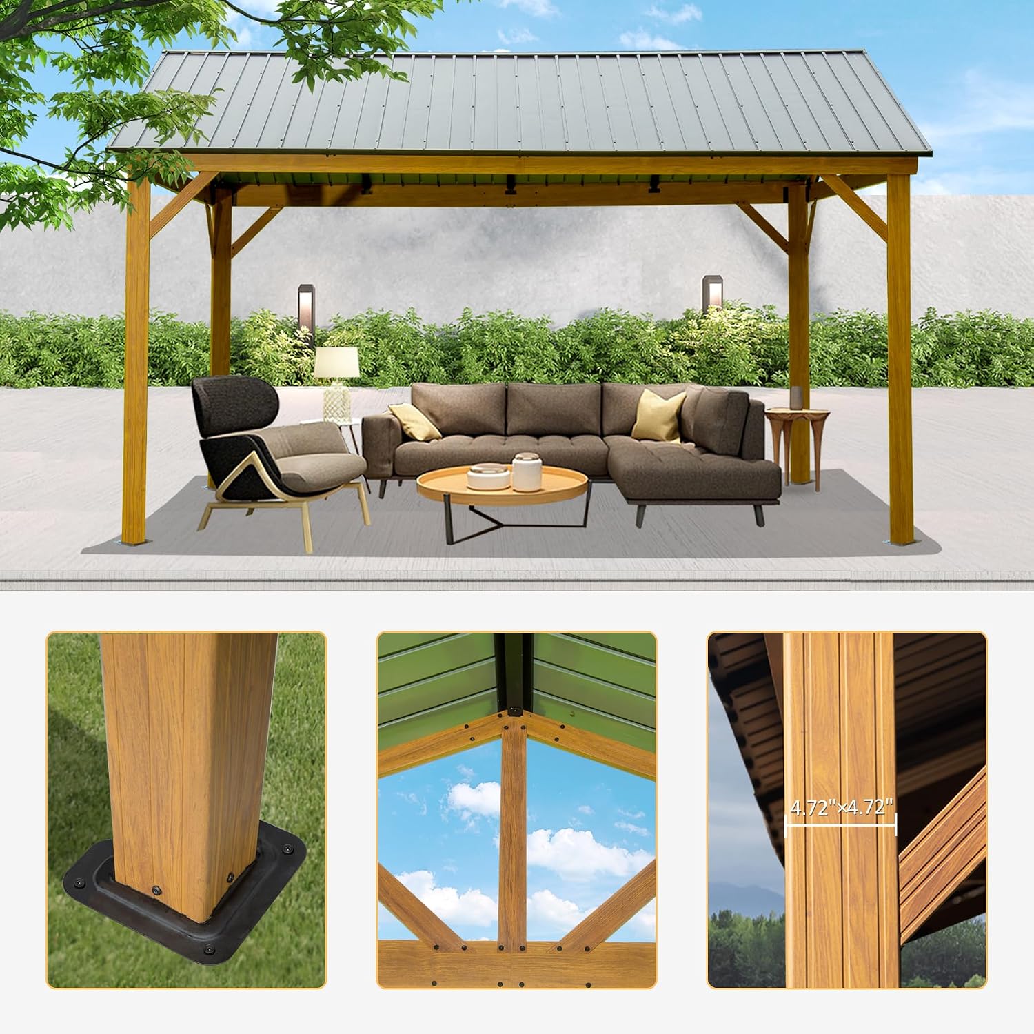Domi 12'x14' Hardtop Gazebo,Outdoor Permanent Gazebo with Galvanized Steel Gable Roof and Wood Grain Aluminum Frame, Metal Pavilion Gazebo for Patio, Backyard, Deck and Lawns