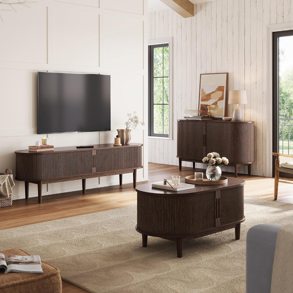 LINSY HOME Fluted TV Stand for 75' TV, Mid-Century Modern 70' Entertainment Center with Sliding Tambour Door and Storage Cabinet, Cruved TV Media Console Table for Living Room, Bedroom, Walnut