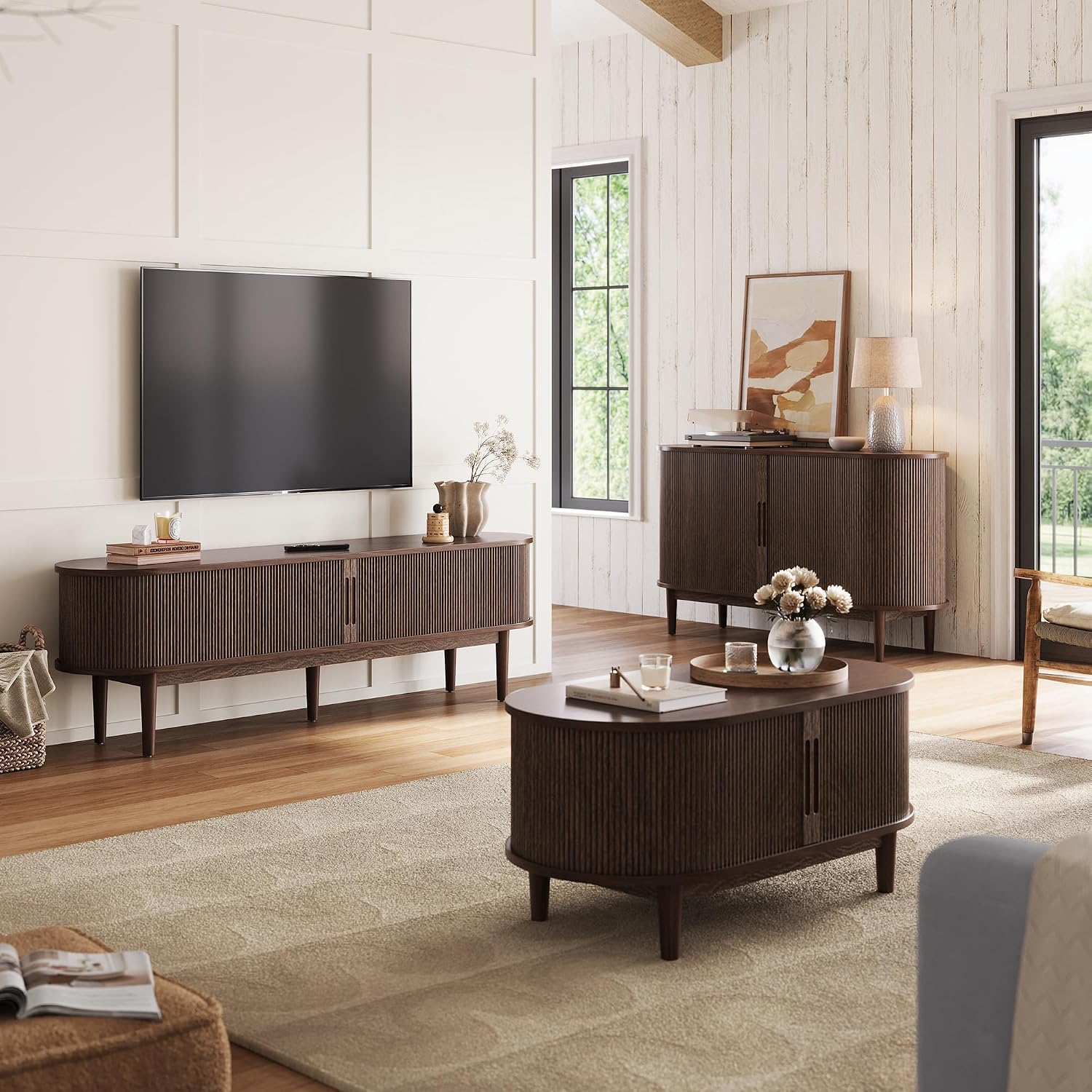 LINSY HOME Fluted TV Stand for 75' TV, Mid-Century Modern 70' Entertainment Center with Sliding Tambour Door and Storage Cabinet, Cruved TV Media Console Table for Living Room, Bedroom, Walnut