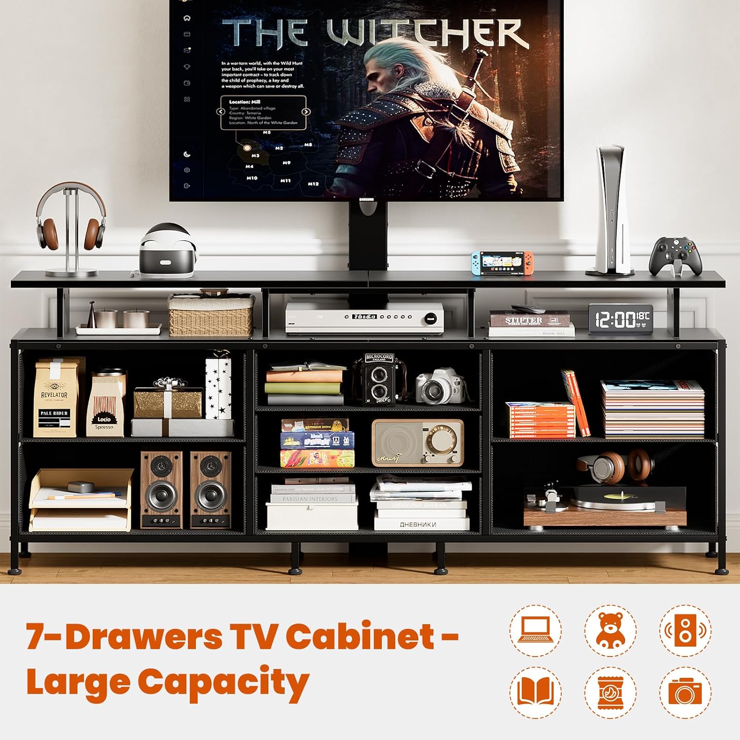 REAHOME TV Stand with Mount, 63' Entertainment Center for 32/45/55/60/65/70 inch TVs, Media Console Table with 7 Drawers, Height Adjustable Mount, Dresser TV Stand for Living Room, Carbon Fiber Black