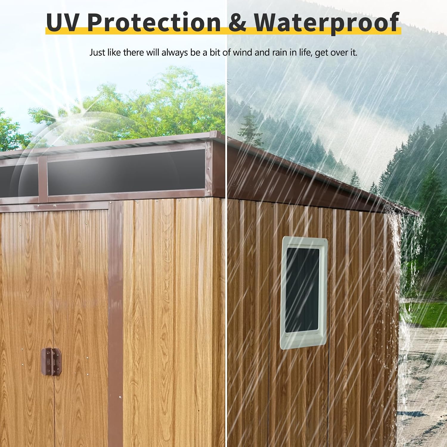 GDFStudio 6ft x 5ft Outdoor Metal Storage Shed with Window and Foundation Frame, Garden Tool Storage House with Lockable Door, Sloped Roof, and Ventilated Design for Backyard,Patio, Lawn,Coffee Brown