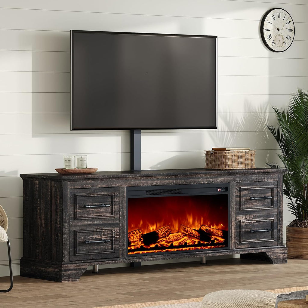 AMERLIFE 70' Fireplace TV Stand with Mount, Farmhouse Entertainment Center with 30' Electric Fireplace & Power Outlets for 32 to 70 inch TVs, Black Oak