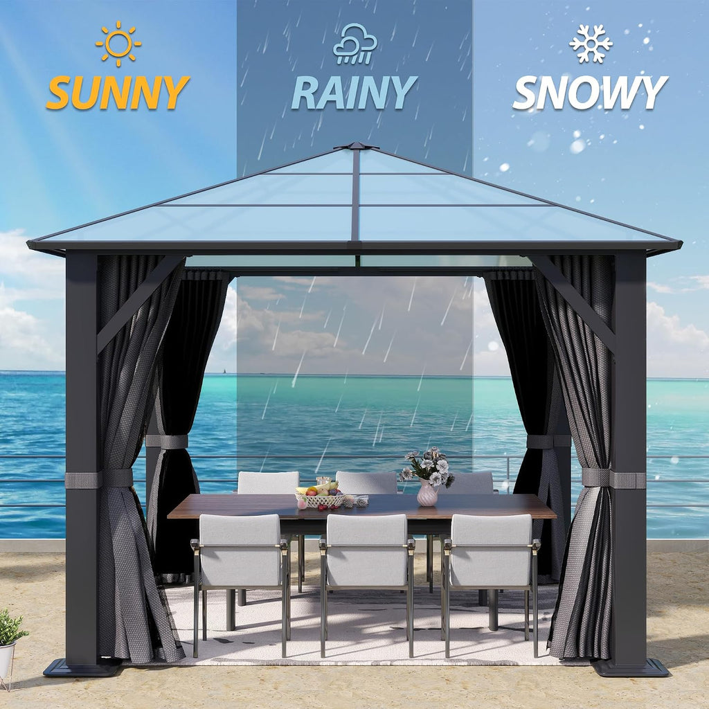 10'x10' Hardtop Gazebo, Outdoor Polycarbonate Roof Gazebo Metal Frame Permanent Pavilion with Netting & Curtains for Garden, Patio, Lawns(Grey)