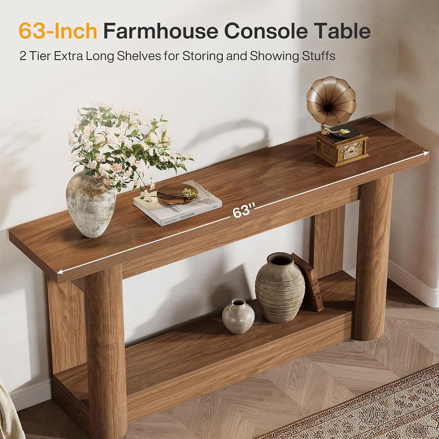 Tribesigns 63-Inch Farmhouse Console Table, Narrow Long Sofa Table Behind The Couch, 2-Tier Storage Entryway Furniture for Hallway, Entrance, Living Room, Rustic Brown