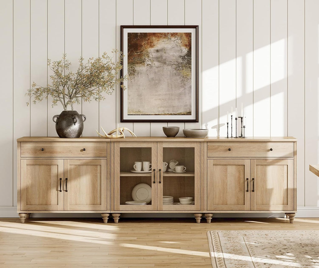 WAMPAT Modern TV Stand for 100 Inch TV, 3-in-1 TV Console Table for 75/80/85/90 Inch TV, Farmhouse Entertainment Center with Glass & Wood Door, Kitchen Sideboard Buffet Cabinet for Dining Room, Oak