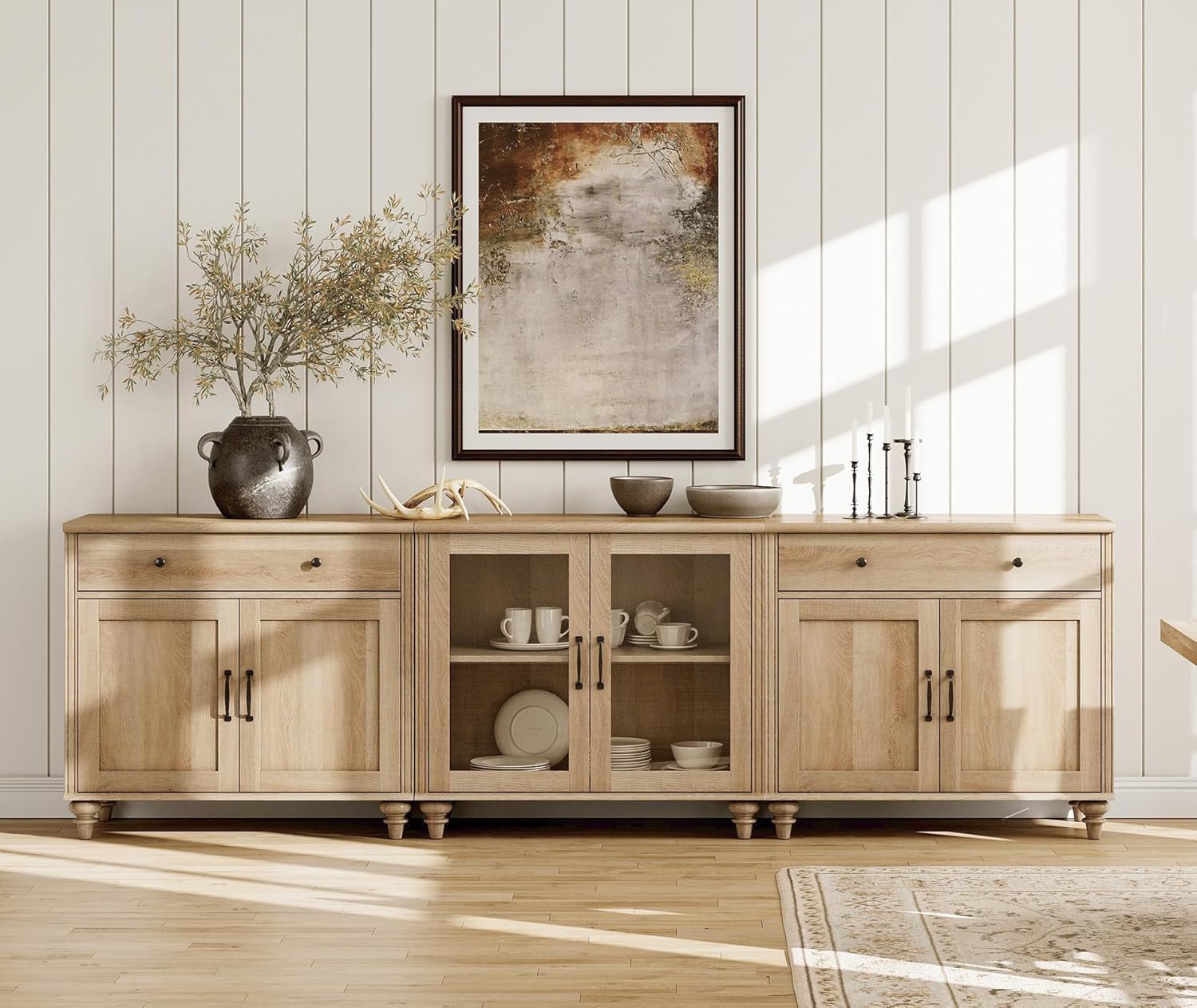 WAMPAT Modern TV Stand for 100 Inch TV, 3-in-1 TV Console Table for 75/80/85/90 Inch TV, Farmhouse Entertainment Center with Glass & Wood Door, Kitchen Sideboard Buffet Cabinet for Dining Room, Oak