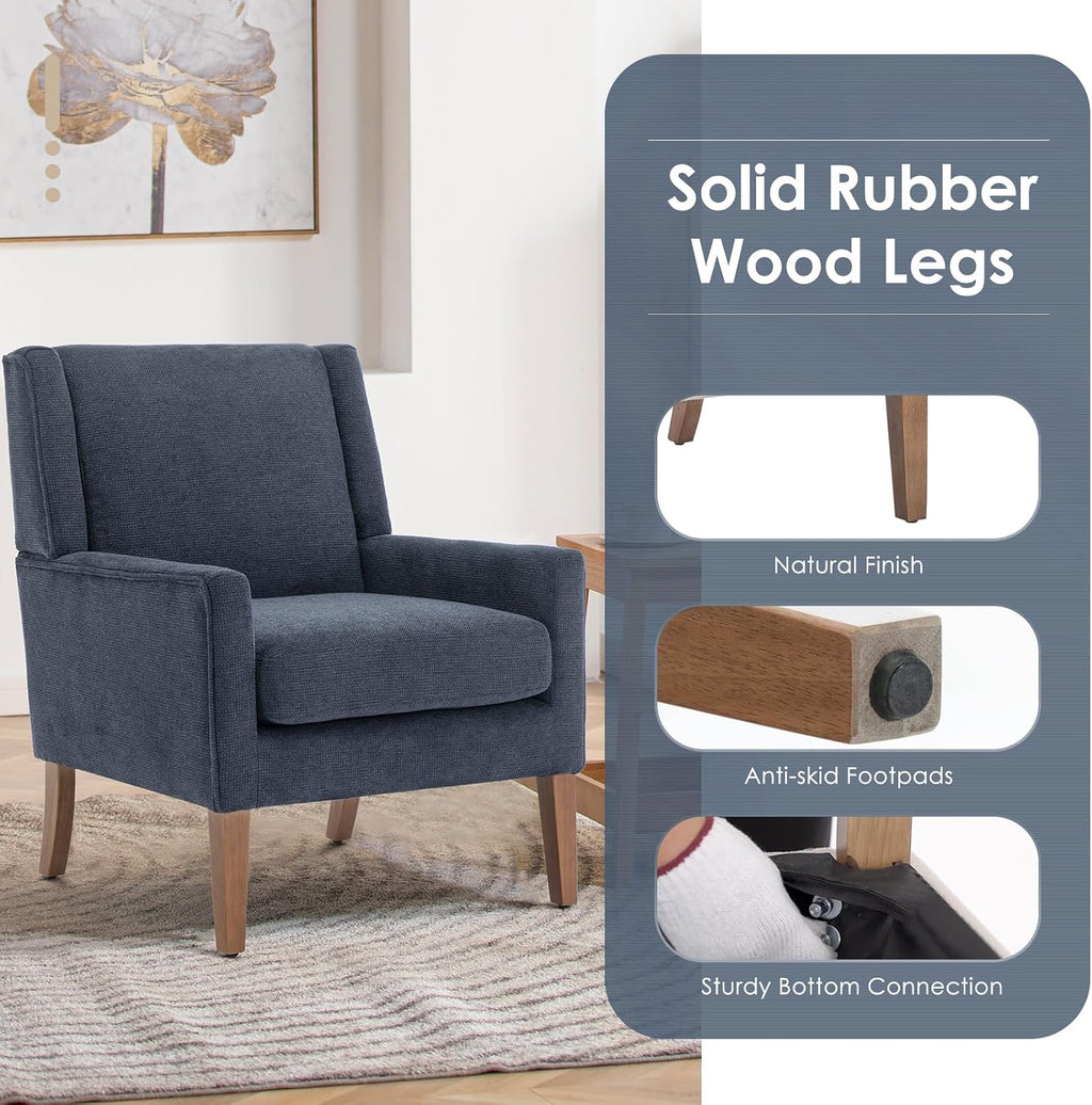 COLAMY Modern Wingback Living Room Chair, Upholstered Fabric Accent Armchair, Single Sofa Chair with Lounge Seat and Wood Legs for Bedroom/Office/Reading Spaces, Blue