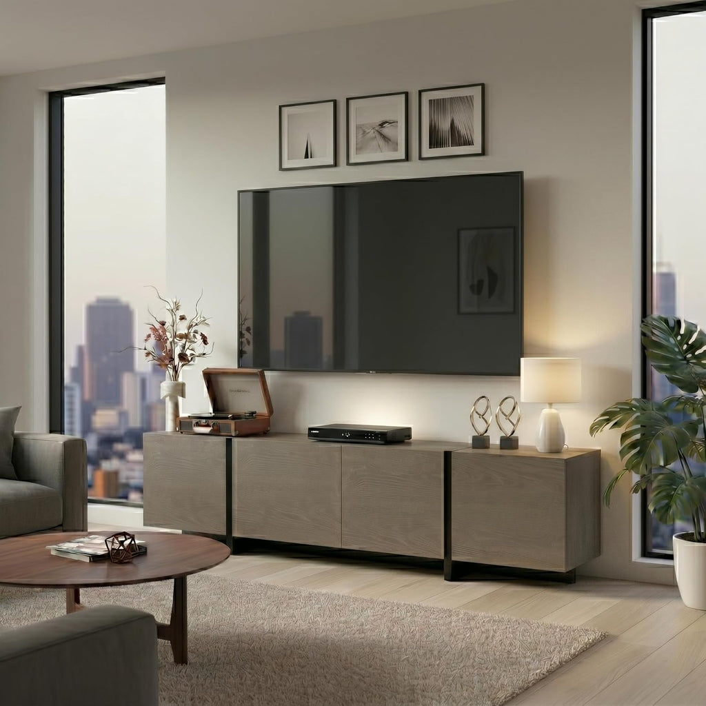holzart 67 Inch TV Stand for TVs up to 70 Inch, Modern Wood Media Console with 4 Storage Doors, Entertainment Center TV Cabinet Sideboard for Living Room Bedroom, Taupe