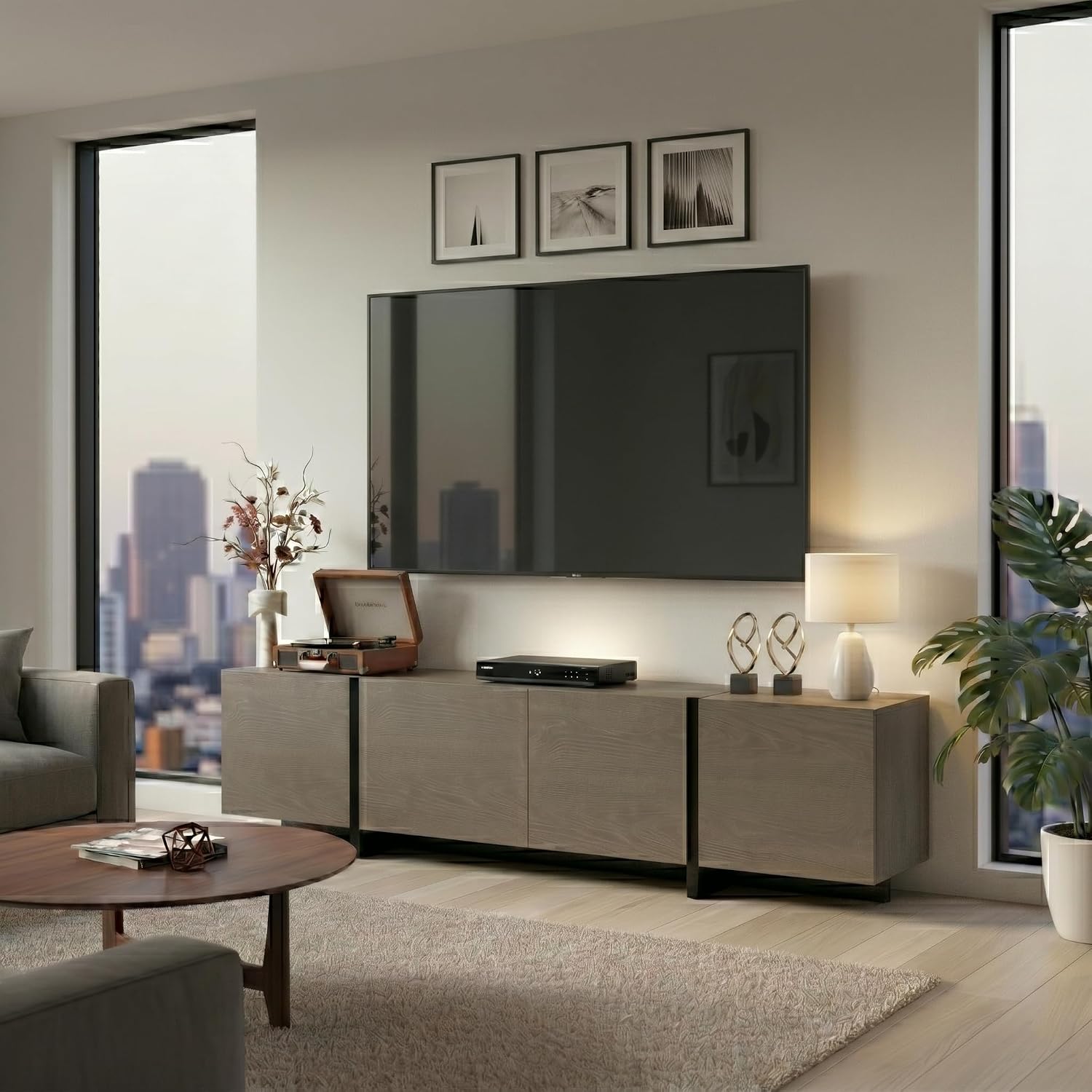 holzart 67 Inch TV Stand for TVs up to 70 Inch, Modern Wood Media Console with 4 Storage Doors, Entertainment Center TV Cabinet Sideboard for Living Room Bedroom, Taupe