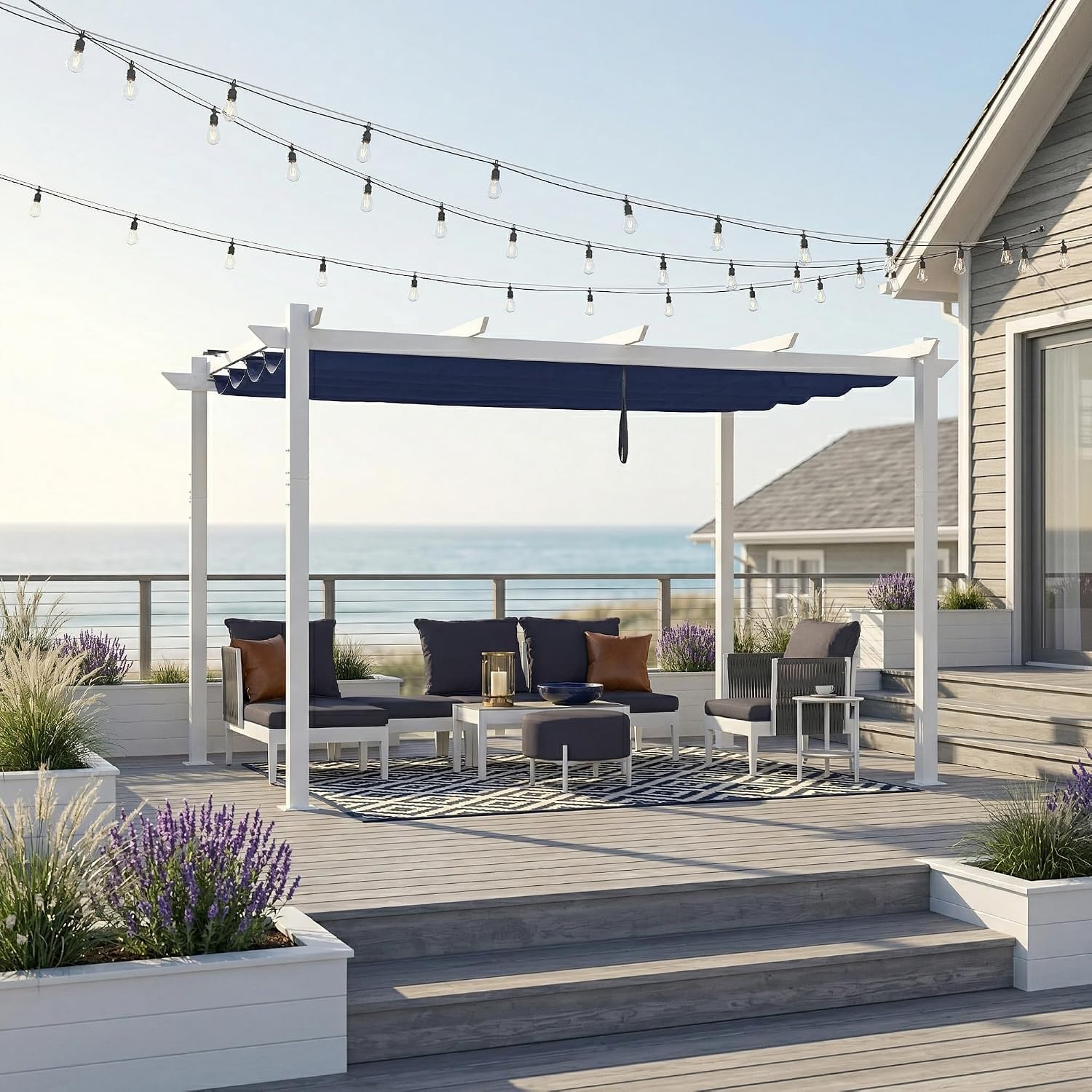 PURPLE LEAF 10' x 13' Patio Retractable Pergola Outdoor White Heavy-Duty Aluminum Pergola Metal with Double Sun Shade Canopy for Backyard Gardens Deck, Navy Blue