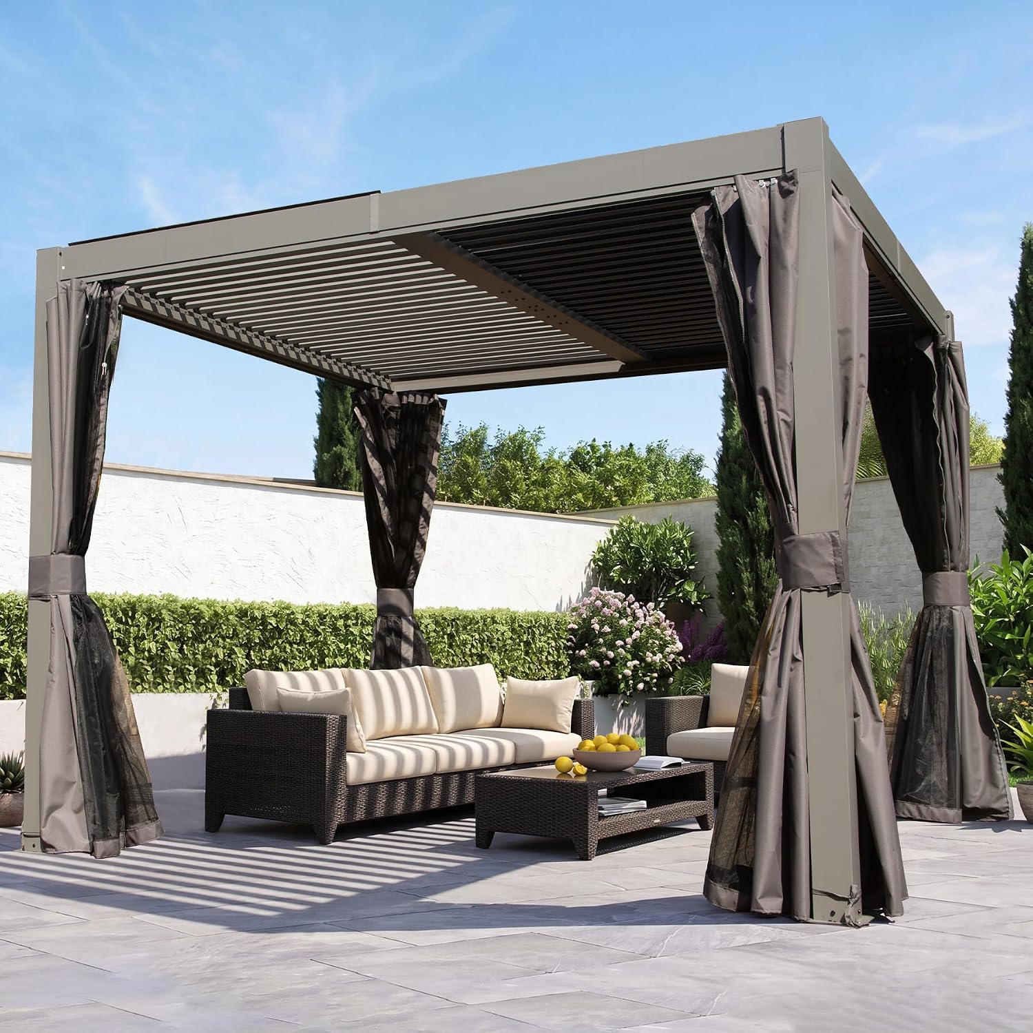 Domi 10'x10' Aluminum Louvered Pergola Outdoor Pergola with Adjustable Roof Sun Shade Gazebo with Gutter System for Backyard Garden Deck (Dark Grey)
