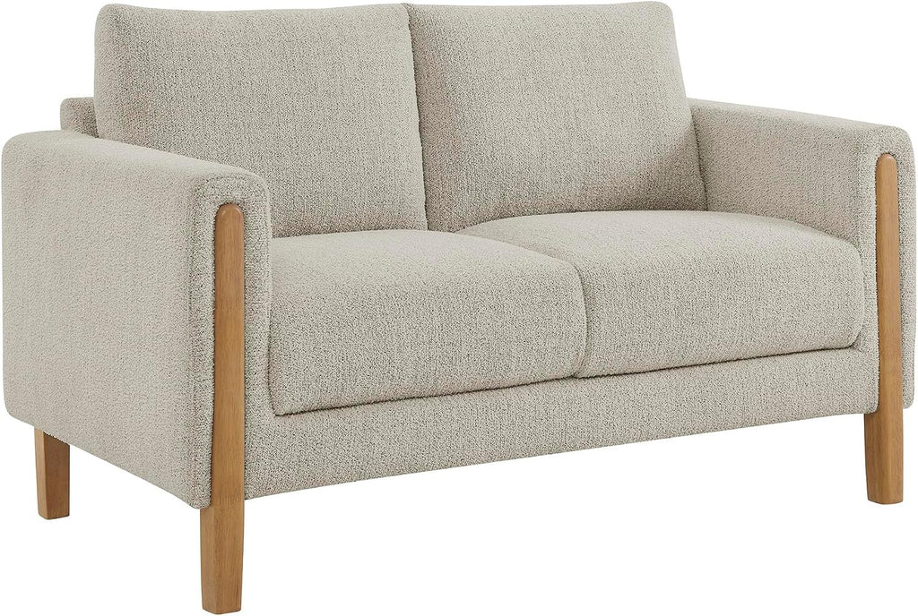 Modway Hawken 54 Inch Boucle Loveseat in Parchment Beech with Wood Legs – Mid-Century Modern Small Space 2-Seater Sofa for Living Room, Bedroom, or Office Lounge