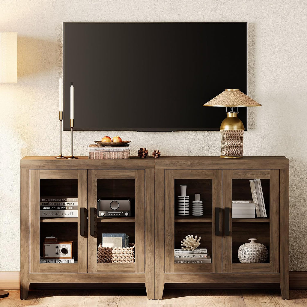 WAMPAT Farmhouse TV Stand for TVs up to 65', Rustic Wood Entertainment Center with Adjustable Shelf, Glass Doors & Storage, Media Console Cabinet for Living-Room, Bedroom, Brown