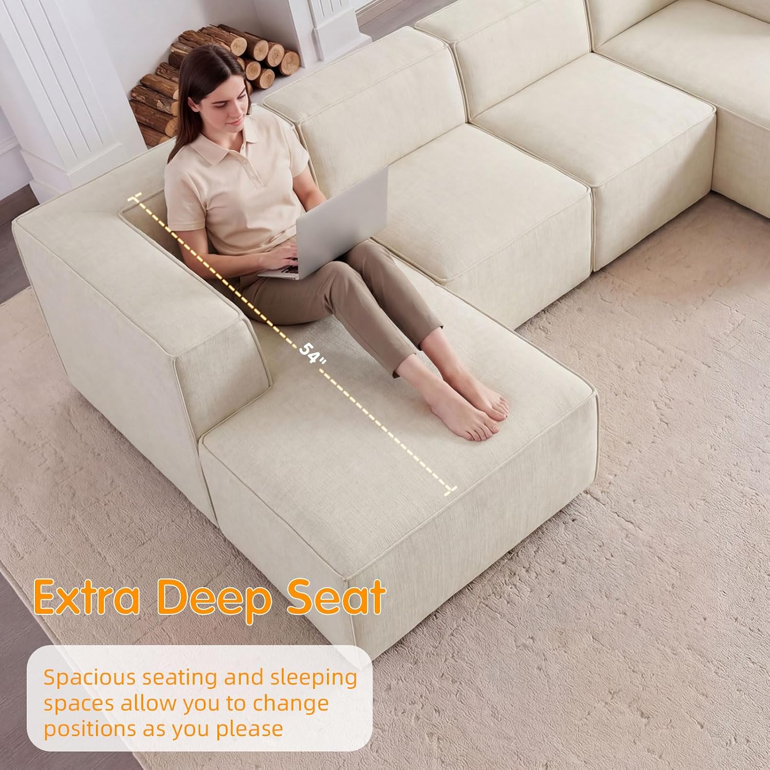 136' 6-Piece Sectional Sofa Modular Couches,L-U-Shaped with Chaise,for Living Room,Compressed Foam No Assembly,for Living Room (2xArmless Corner Ottoman) Fabric Chenille Beige