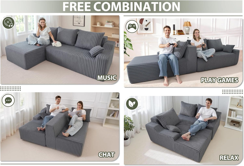 HABUTWAY 94'' Cloud Sectional Couch, Boneless Sofa with Deep Seat, Modular Comfy L-Shape Couch with Chaise for Living Room Bedroom, No Assembly Required(Grey,Left Facing Chaise)