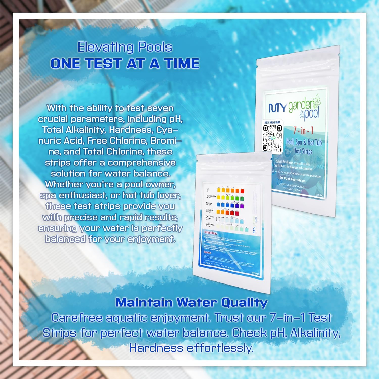 Yellow Out Swimming Pool Chlorine Shock Enhancing Treatment - 20 lbs, 24-Hour Algae Removal with My Garden Pool 20 Ct. Test Strips & Scum Sponge Flower Oil-Absorbing Sponge for Hot Tubs and Pools