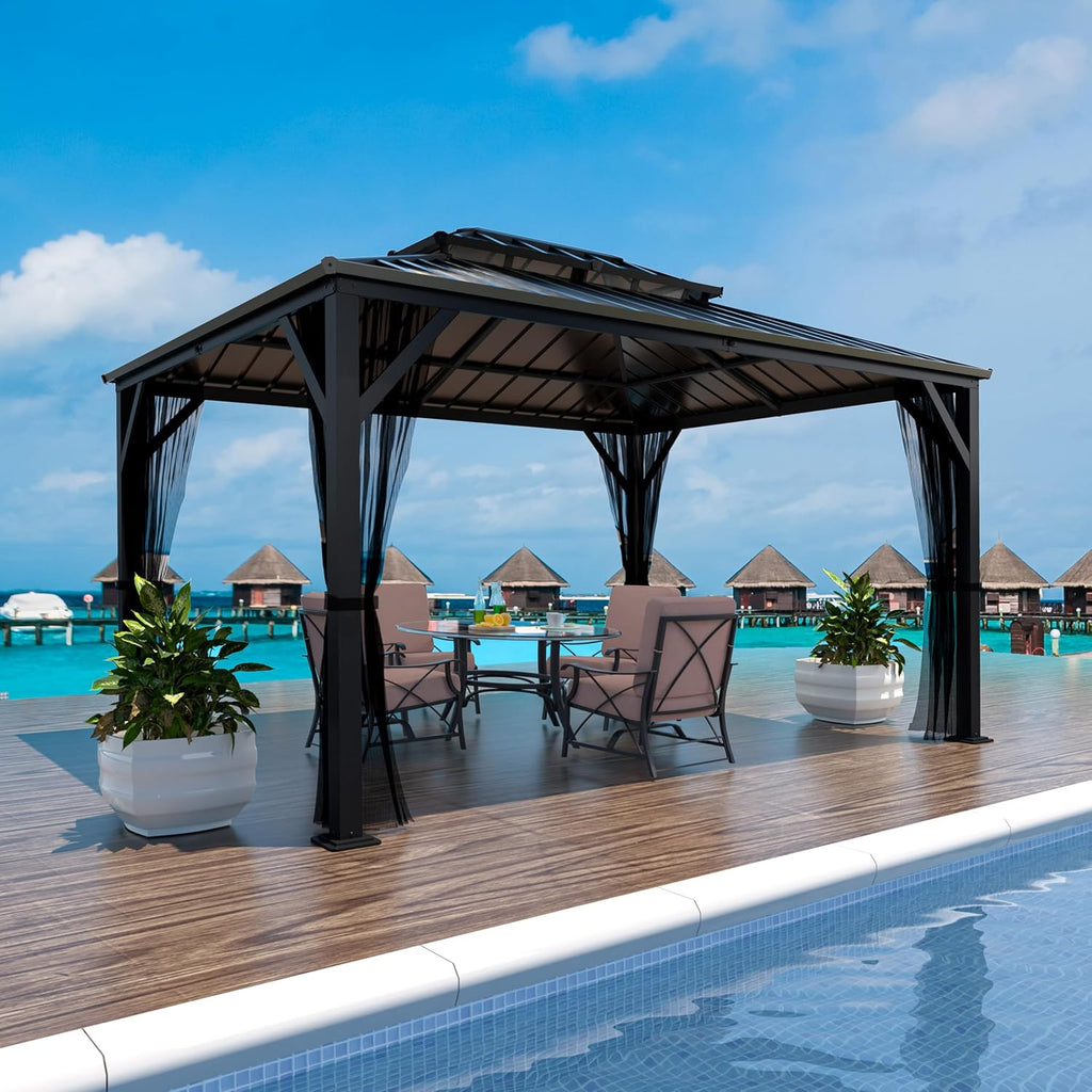 BlueWish 10x12 FT Hardtop Gazebo Canopy with Double Galvanized Steel Roof, Permanent Outdoor Pavilion with Mesh Netting for Patio, Backyard, Garden, Black