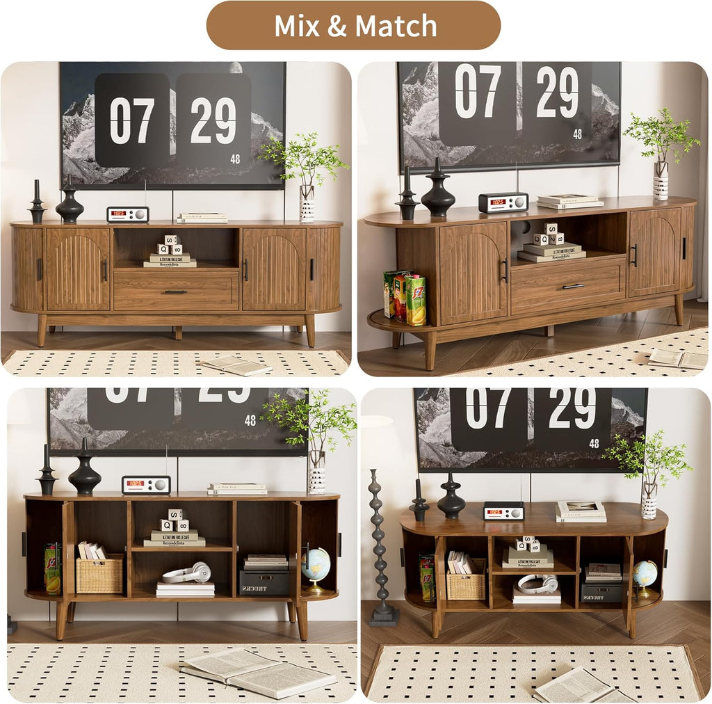 Mxtxmy 63' Fluted TV Stand for Tvs up to 70', Mid-Century Modern Entertainment Center with Drawers and Fluted Doors, Curved TV Media Console Table with Sliding Doors for Living Room, Bedroom (63')