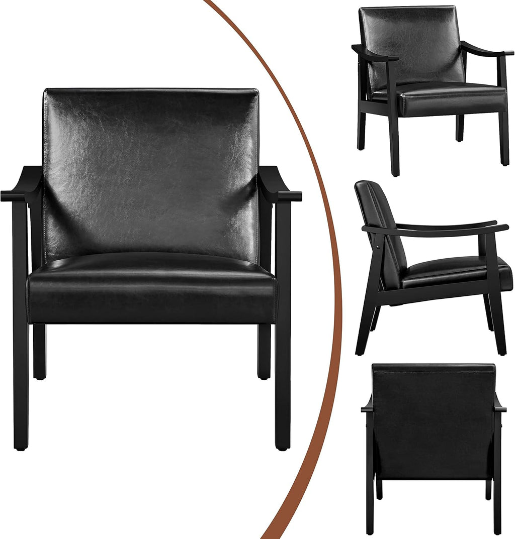 Yaheetech PU Leather Black Chairs, Mid-Century Modern Armchair with Solid Wood Legs, Reading Accent Chair with High Back for Living Room Bedroom Waiting Room, 2 pcs, Black