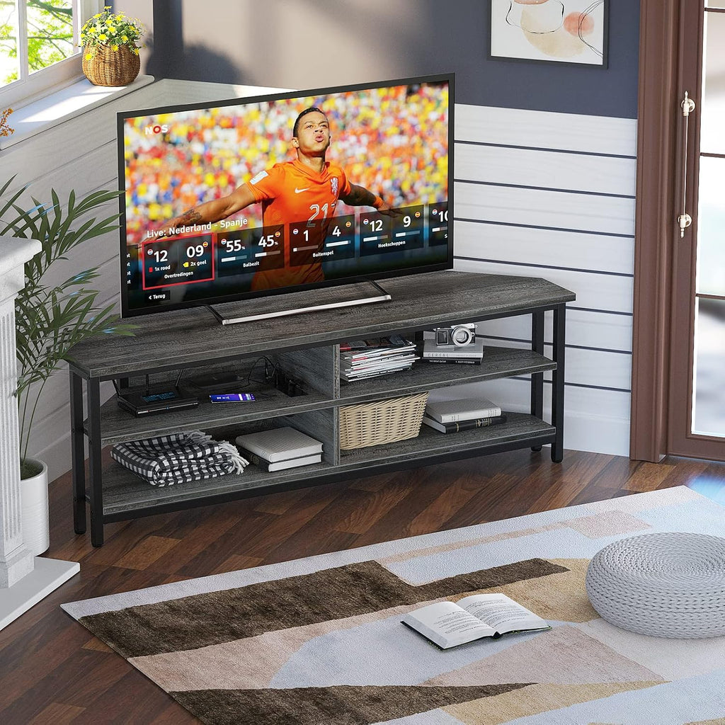 Unikito Corner TV Stand with Power Outlet, Corner Entertainment Center Media TV Console Table with 4 Open Storage Cabinet Shelve Wood TV Stand for Living Room for 55 inch TV, Gray Oak