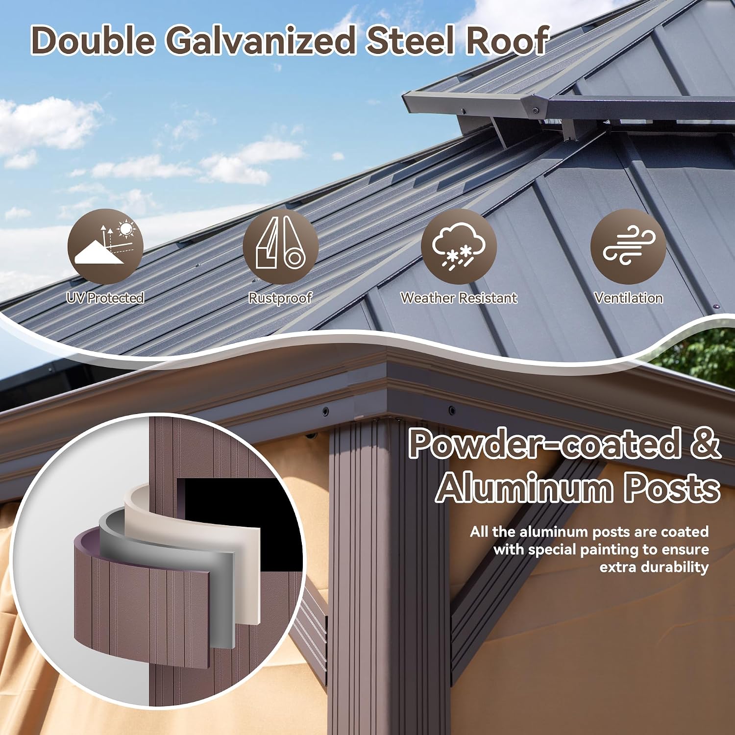 Joyside 10' X 14' Double-Tier Hardtop Gazebo, Aluminum Metal Gazebo with Reinforced Galvanized Steel Roof Curtain and Netting, Permanent Gazebo Pavilion for Patio, Backyard, Deck, Lawn