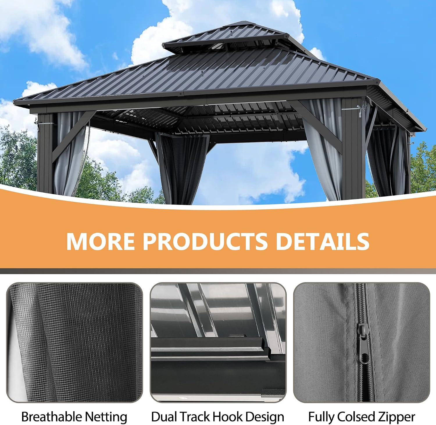 10'x10' Hardtop Gazebo, Heavy Duty Double Roof Galvanized Aluminum gazebos with Netting & Curtain, Outdoor Patio Gazebo for Patio, Backyard, Deck, Lawn (10x10 FT)