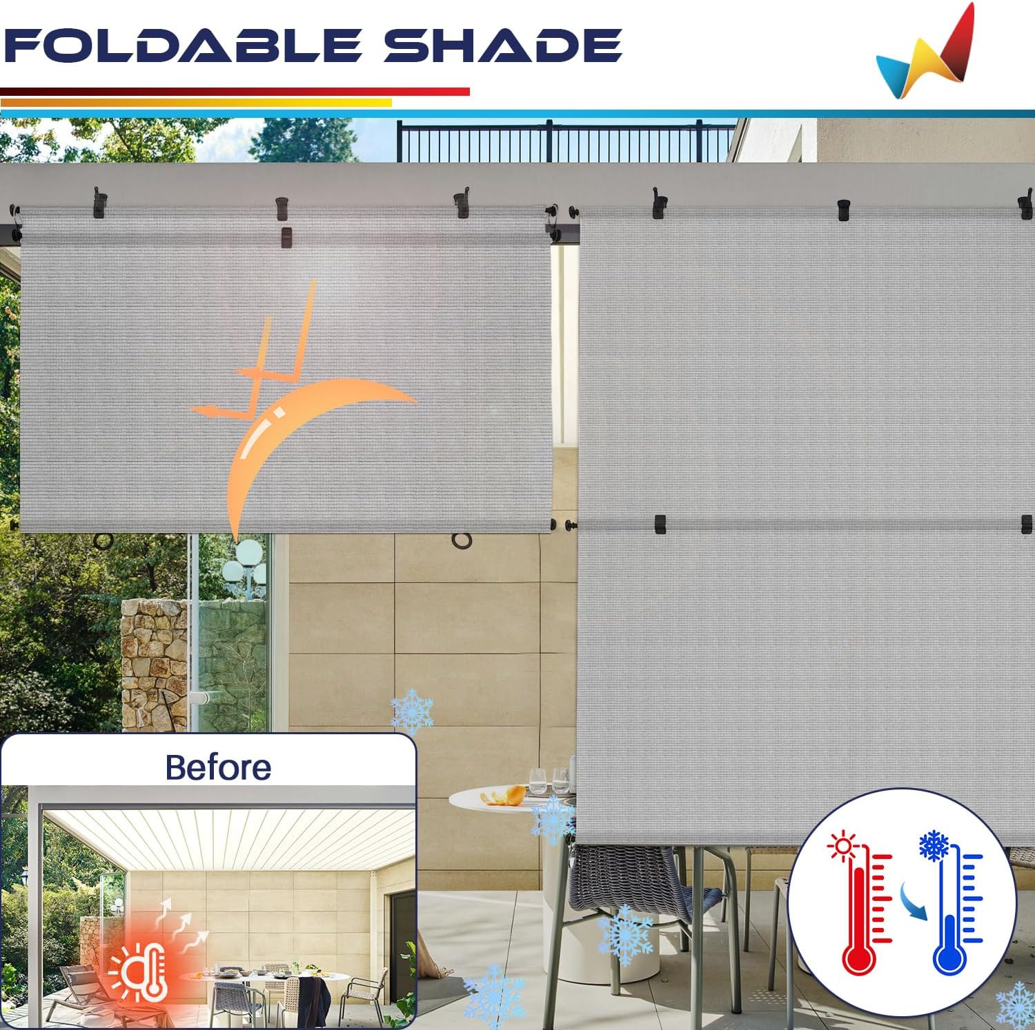 Windscreen4less 8'W x 12'H Outdoor Roll Up Foldable Shade Fabric UV Blockage Roller Shade for Deck Pergola Yard Gazebo Patio (Gray)