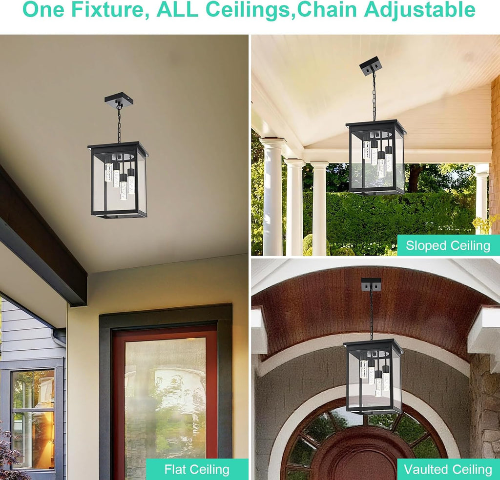 Yaohong 16.7' Large 5CCT LED Outdoor Pendant Light, 4-Lights Modern Black Hanging Ceiling Fixture with Acrylic Column & Clear Glass, Weatherproof Chandelier for Porch Gazebo Patio Entryway