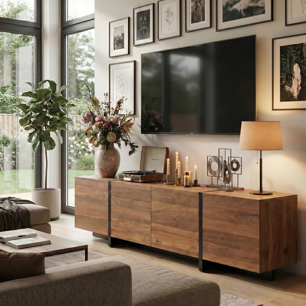 holzart 67 Inch TV Stand for TVs up to 70 Inch, Mid Century Modern Wood Media Console with 4 Storage Doors, Entertainment Center TV Cabinet Sideboard for Living Room Bedroom, Walnut Brown