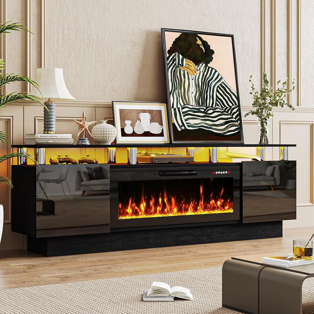 PRETZI 70' Modern Fireplace TV Stand with 36' Electric Fireplace for TVs Up to 80 inch, Luxury LED Light Entertainment Center with High Gloss Cabinet, TV Consoles for Living Room, Black