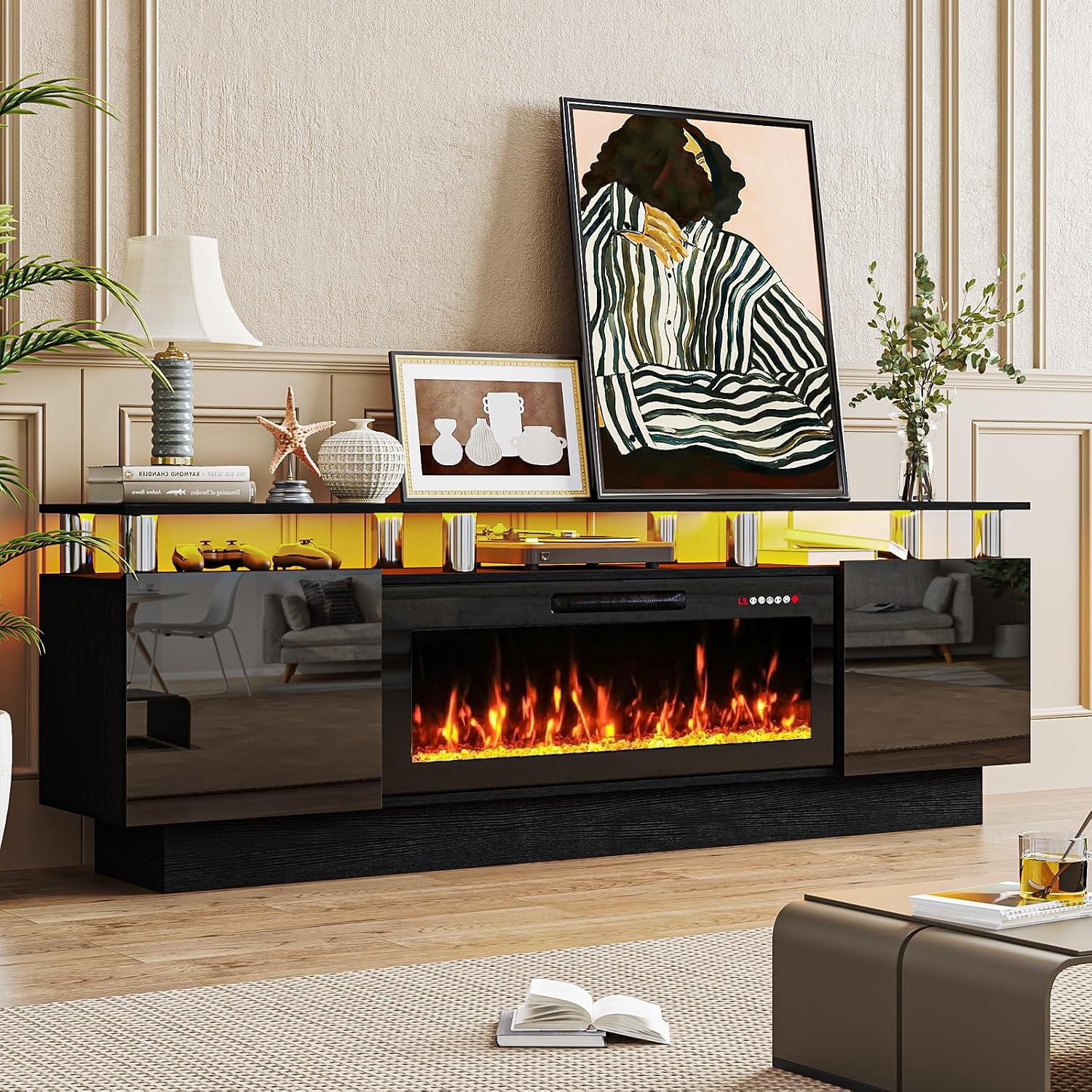PRETZI 70' Modern Fireplace TV Stand with 36' Electric Fireplace for TVs Up to 80 inch, Luxury LED Light Entertainment Center with High Gloss Cabinet, TV Consoles for Living Room, Black