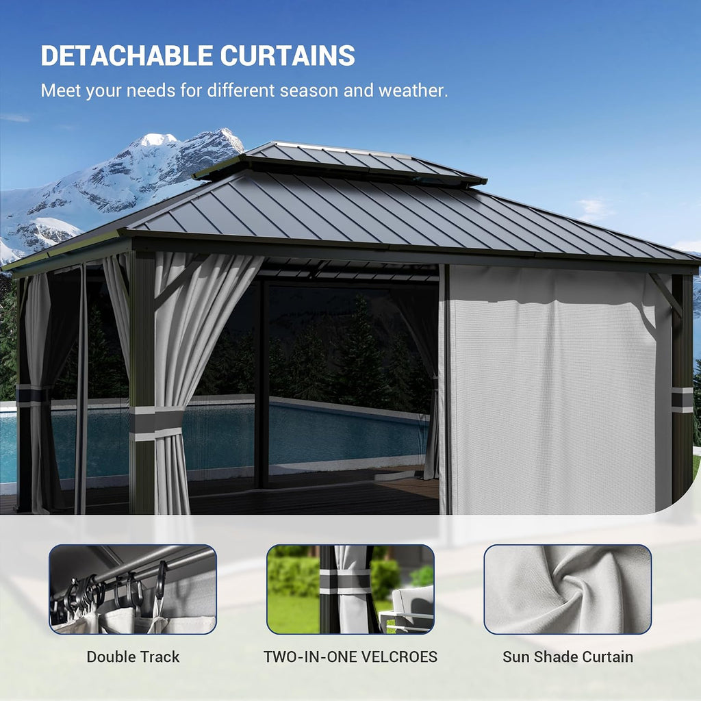 Amopatio 12' X 16' Hardtop Gazebo, Aluminum Gazebo with Double Galvanized Steel Roof, Curtains and Netting Included,Outdoor Metal Pergola for Patios, Garden, Parties, Lawns, Gray